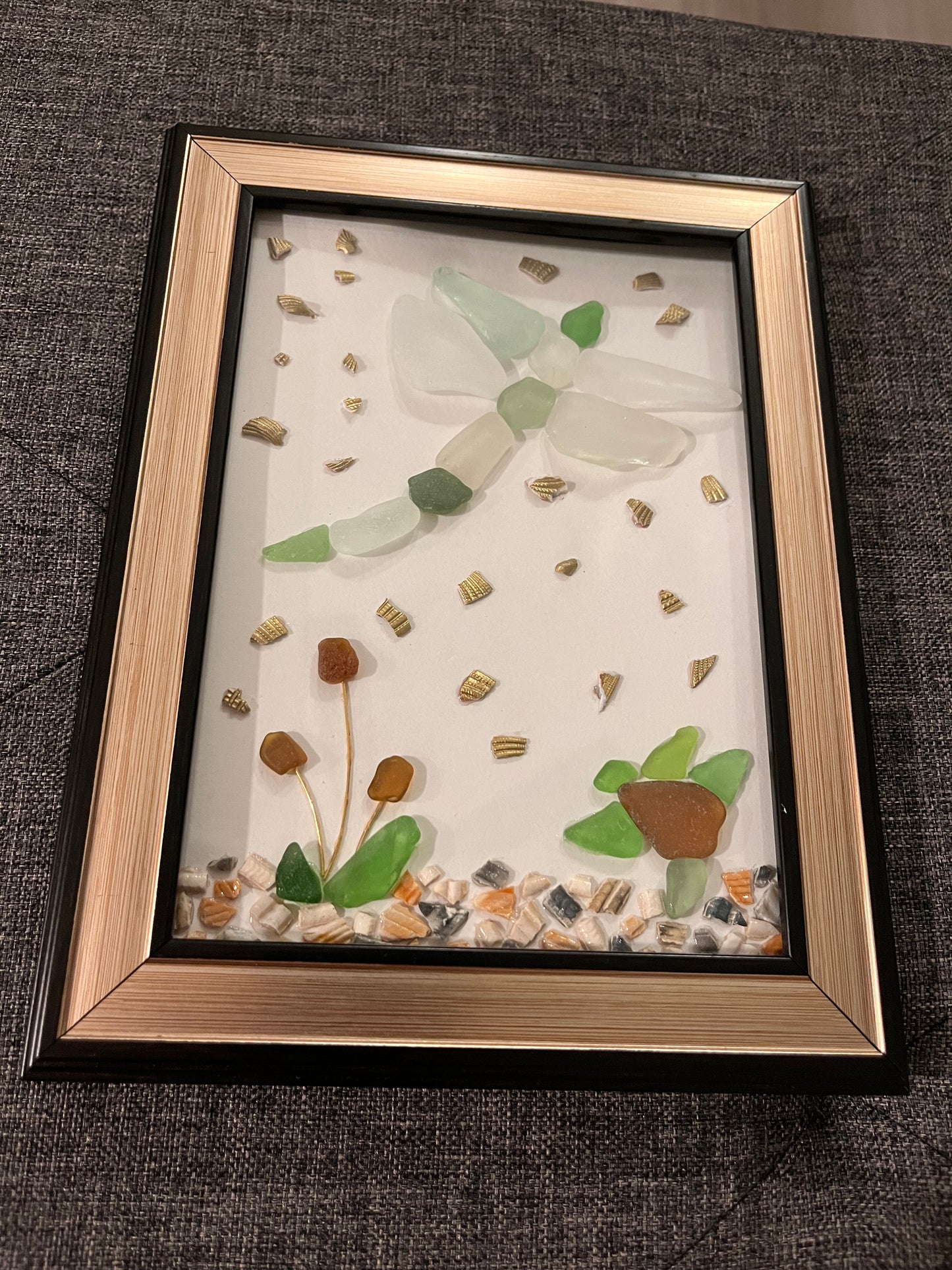 Sparkling Wings: Captivating Sea Glass Dragonfly & Seashell Art (5x7 frame)
