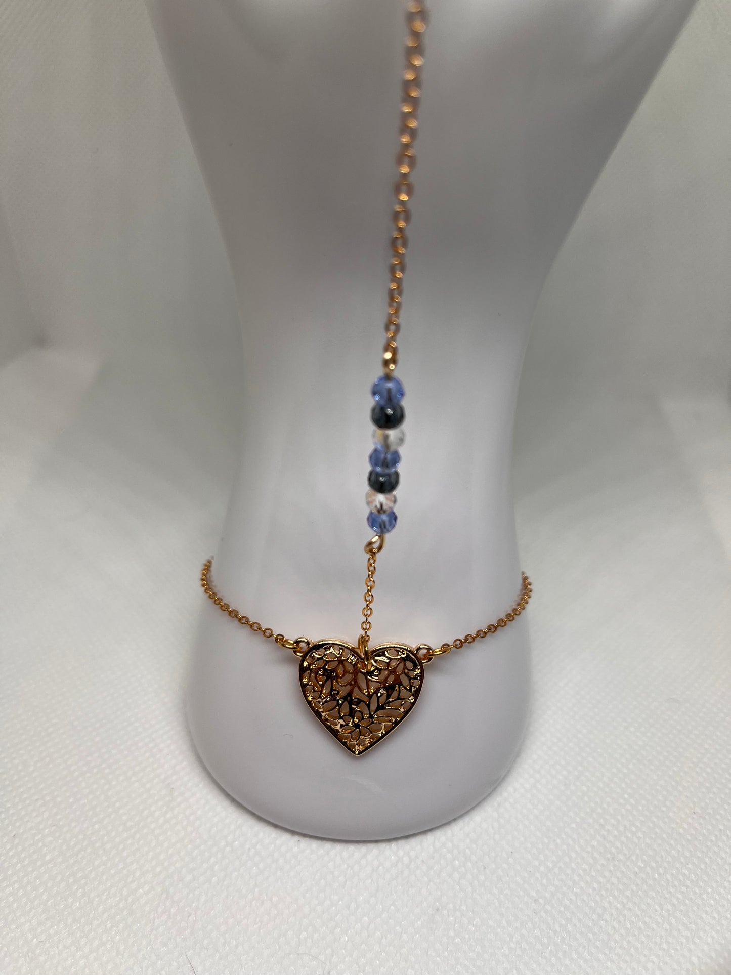 Intricate Heart Iridescent Blue Beaded Hand Bracelet/Ring