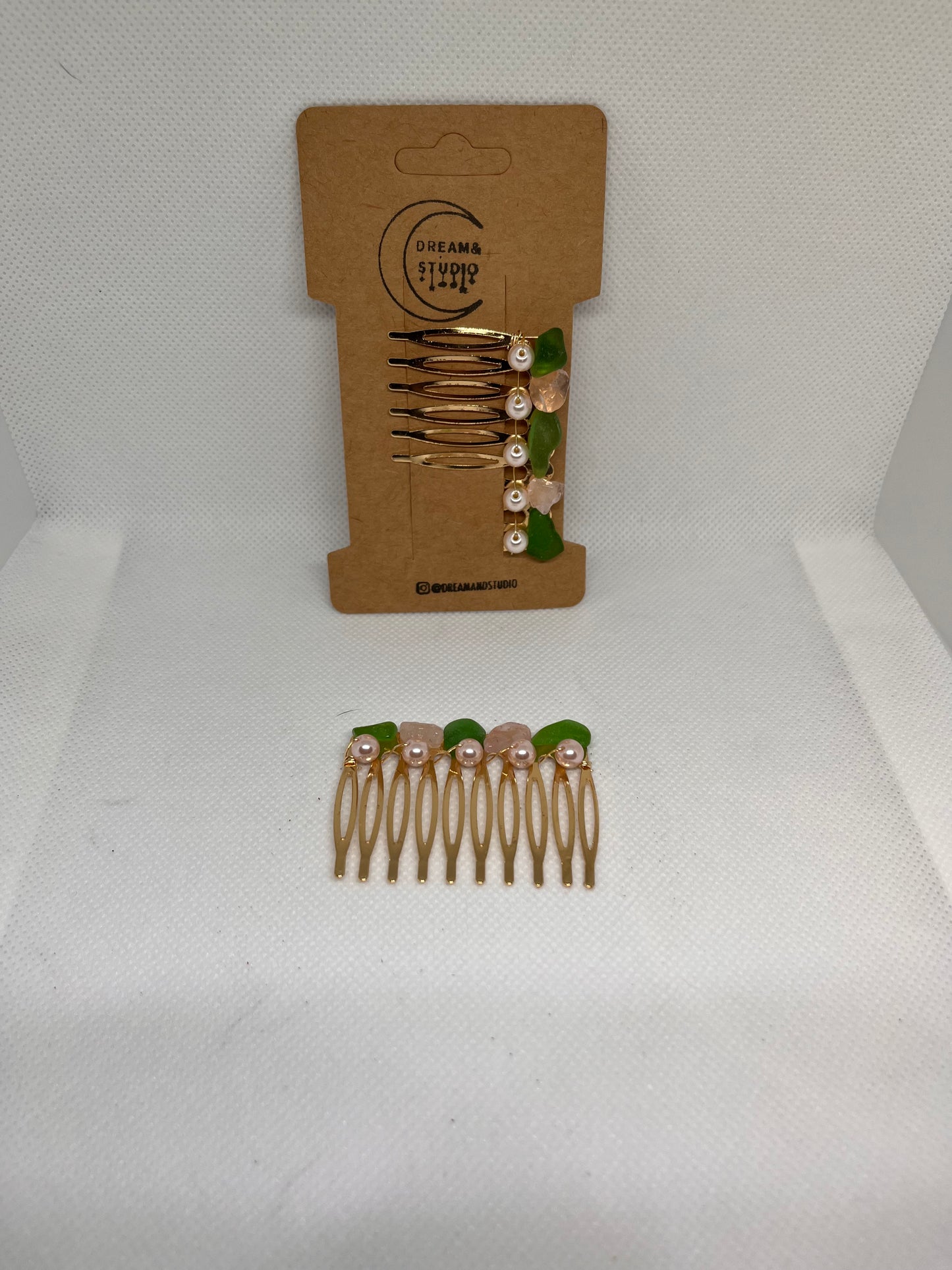 Ocean-Inspired Elegance: Green Sea Glass and Rose Quartz Hair Comb w/ Pearl Beads