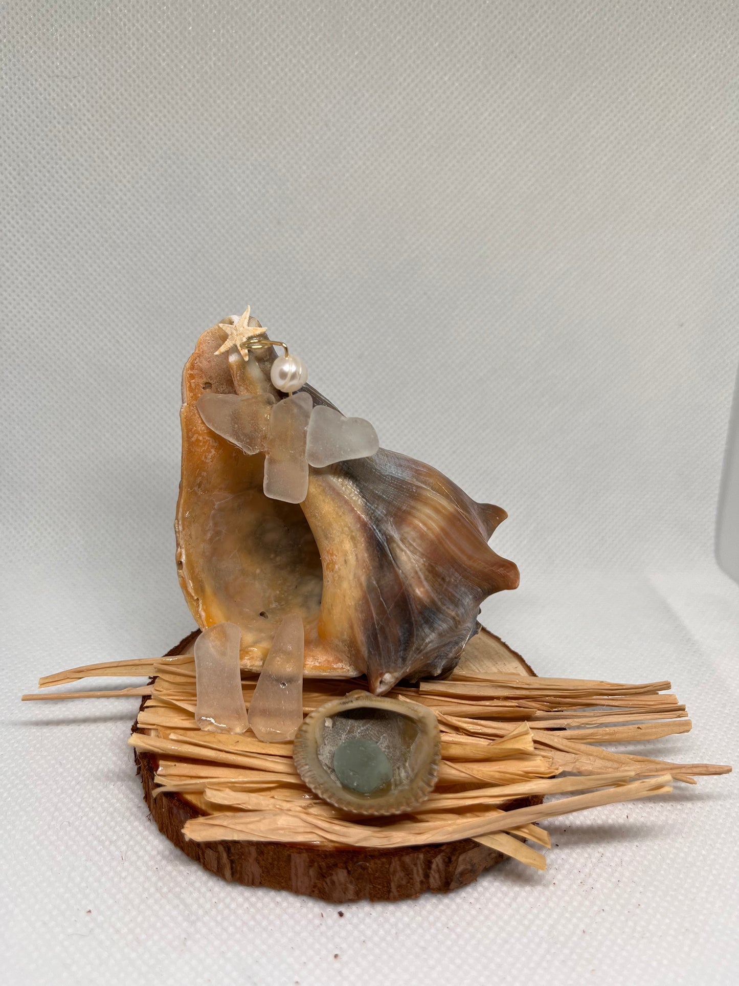 White/Clear Sea Glass Nativity Conch Shell Scene w/ Cultured Pearl Sculpture/Artwork
