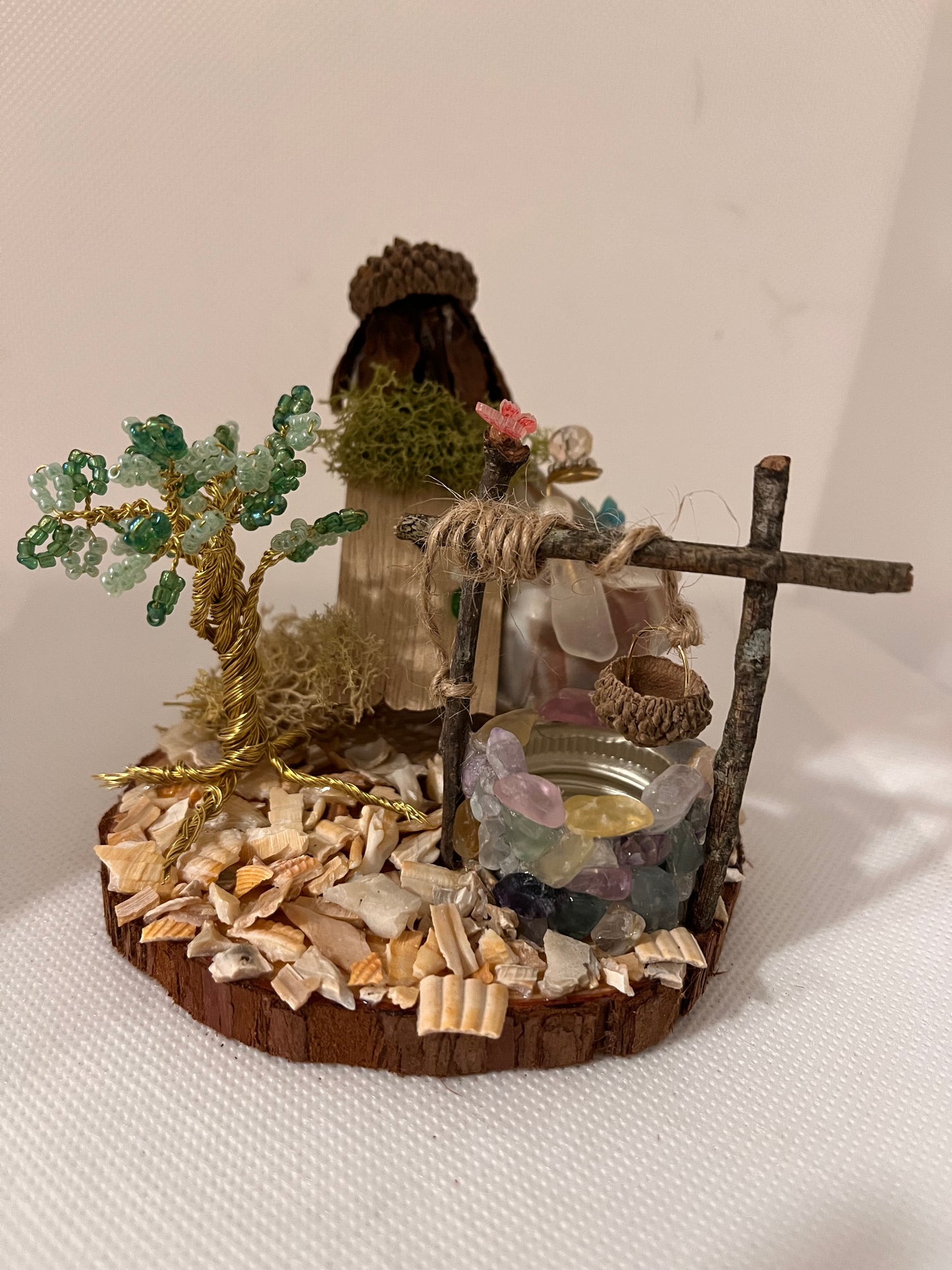 The Wishing Well: White Sea Glass Fairy Cottage Conch Shell w/ Fluorite Wishing Well, Golden Wire and Seed Bead Tree, and Cultured Pearl Sculpture/Artwork