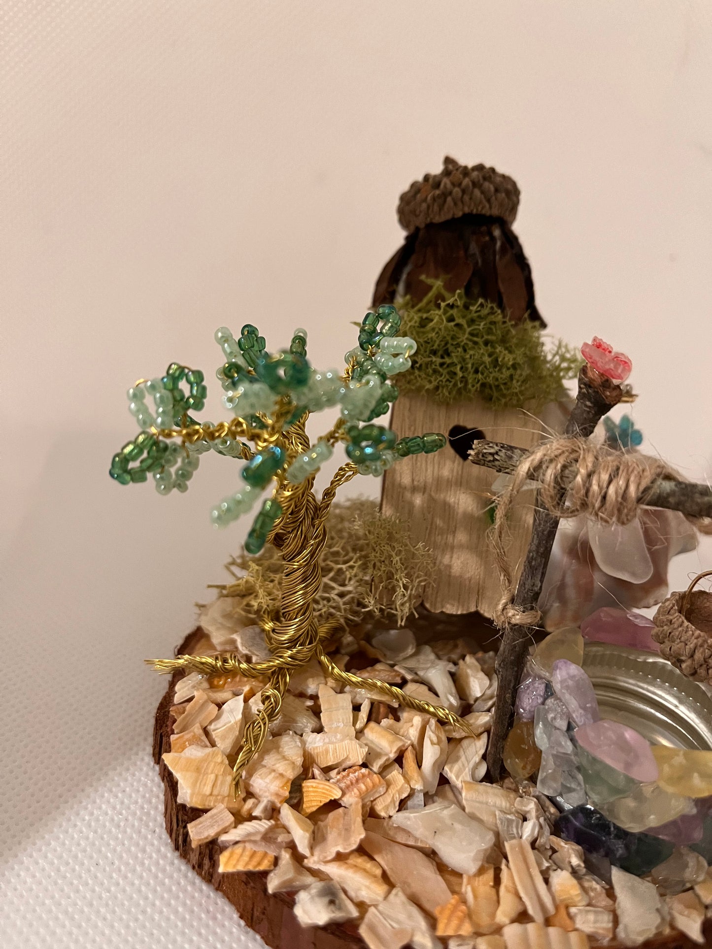 The Wishing Well: White Sea Glass Fairy Cottage Conch Shell w/ Fluorite Wishing Well, Golden Wire and Seed Bead Tree, and Cultured Pearl Sculpture/Artwork
