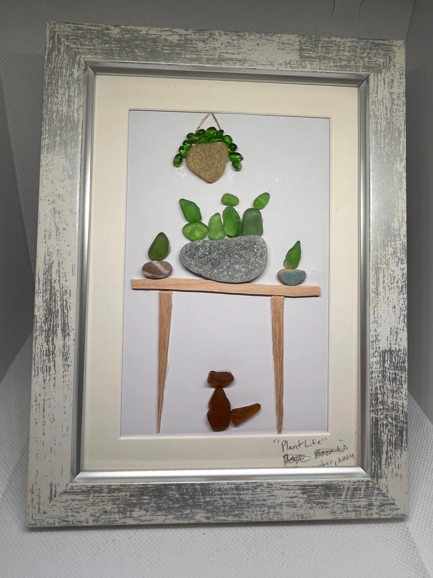 Plant Life: Captivating Sea Glass & Seashell Cat and Plant Art (5x7 frame)
