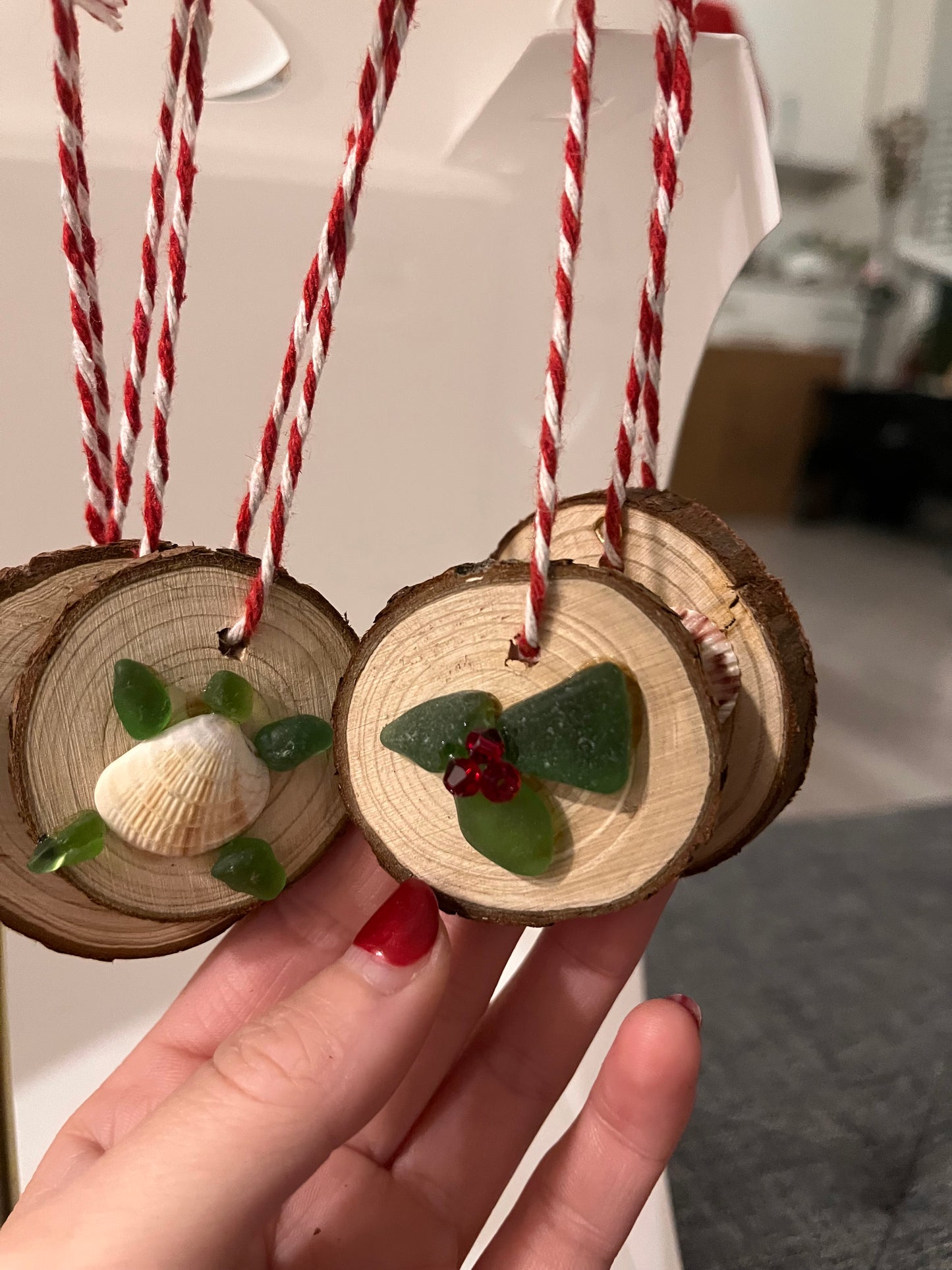 Sea glass and sea shell Christmas ornaments (nativity, Christmas tree, holly, turtle, angel, etc.)