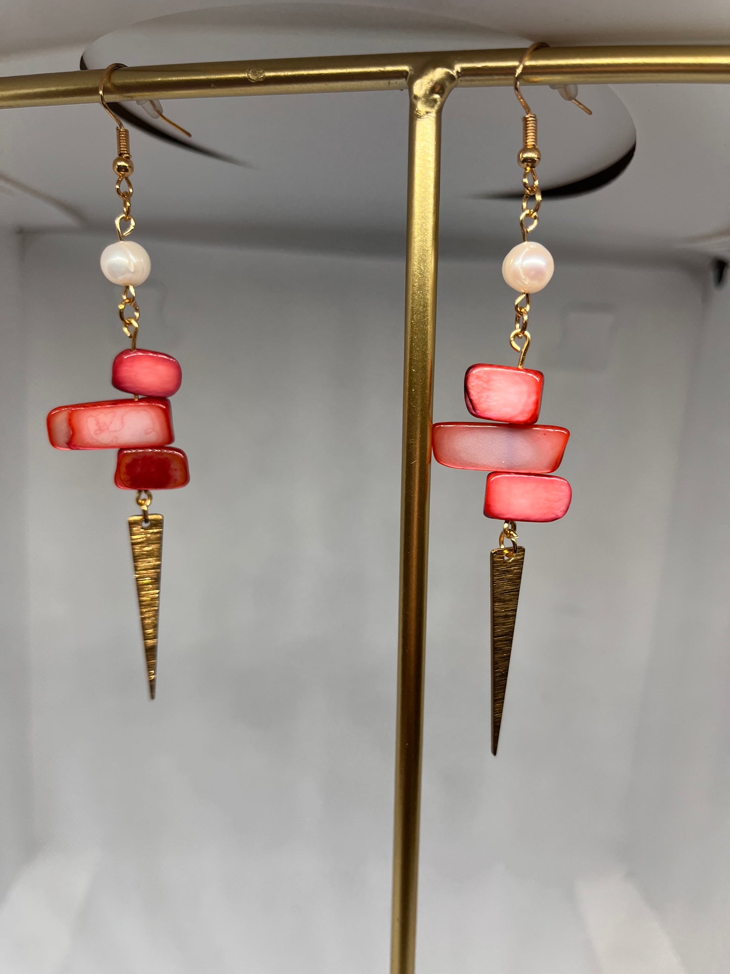 Geometric Dangle Earrings with Colored Shell Beads (Red and Green Available)