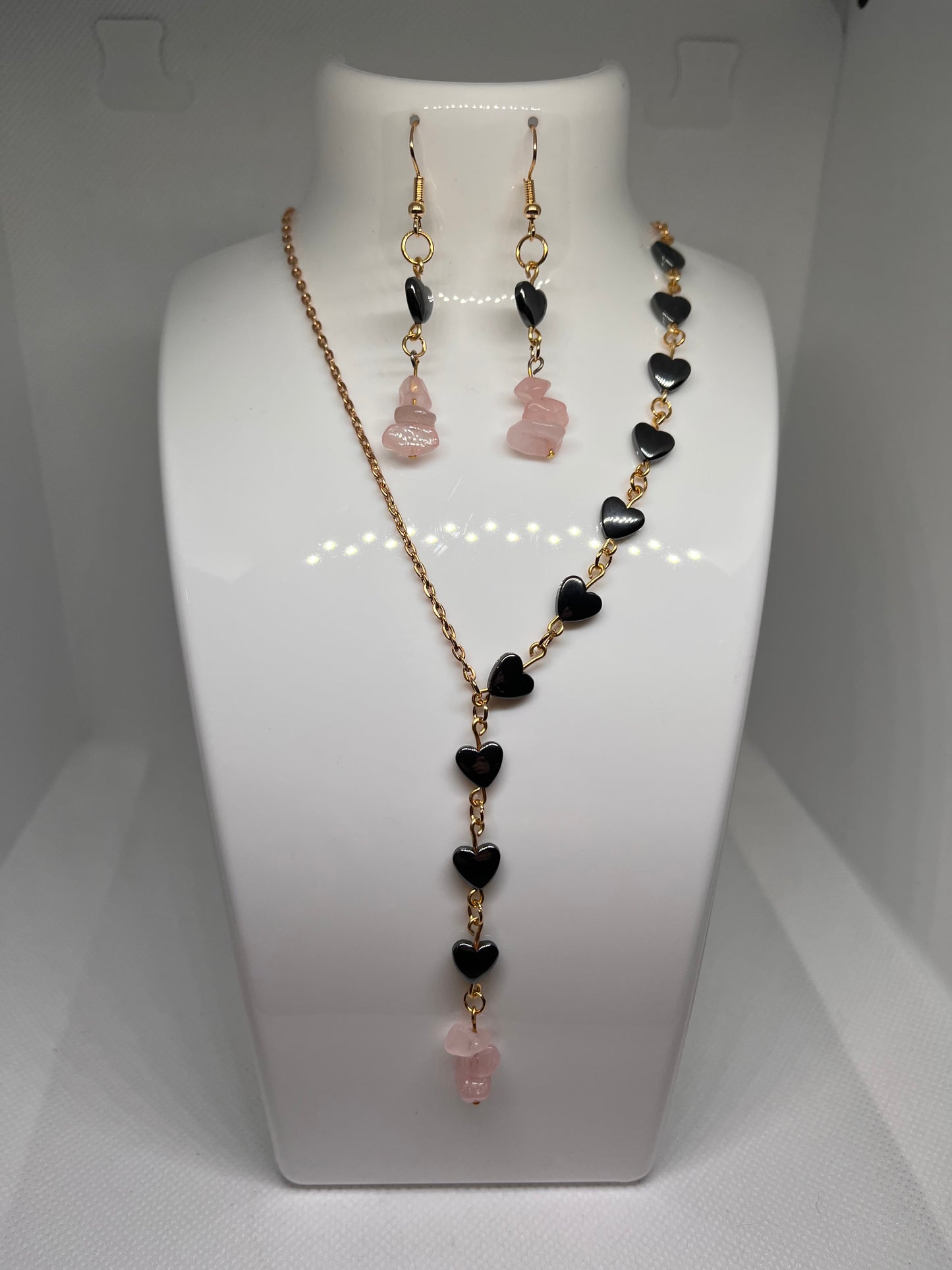 In Love: Rose Quartz and Heart-Shaped Hematite Stone Beaded Earrings