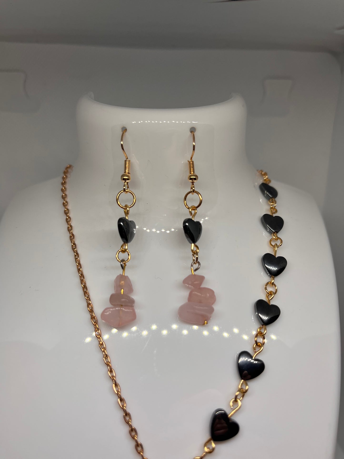 In Love: Rose Quartz and Heart-Shaped Hematite Stone Beaded Earrings