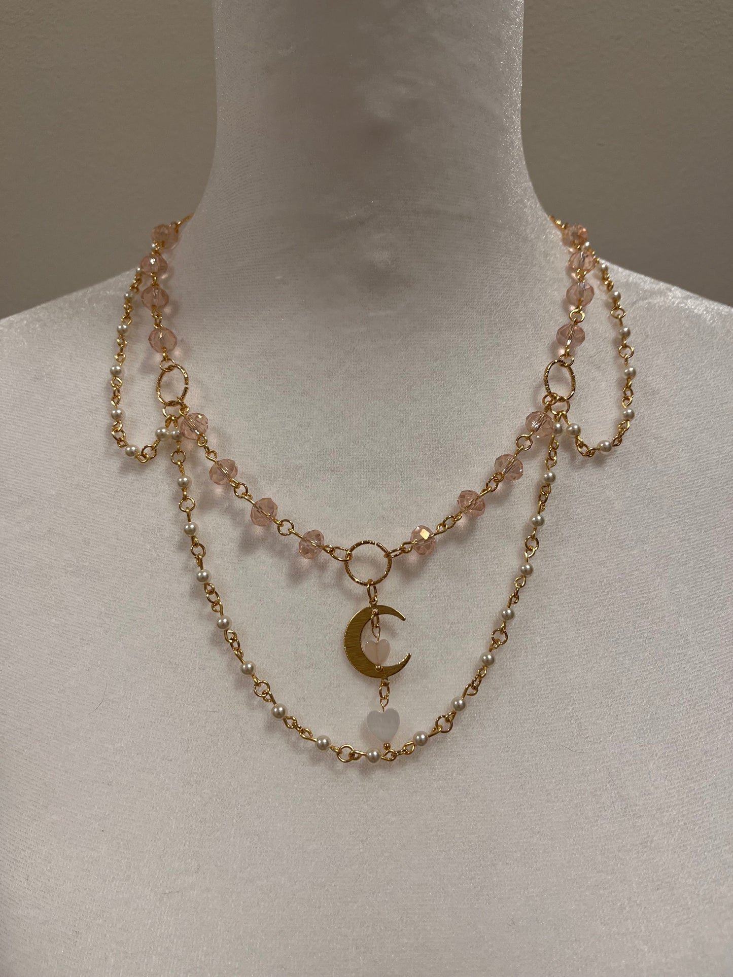Moon Fairycore Layered Pink Sparkling Beads and White Pearl Beaded Necklace