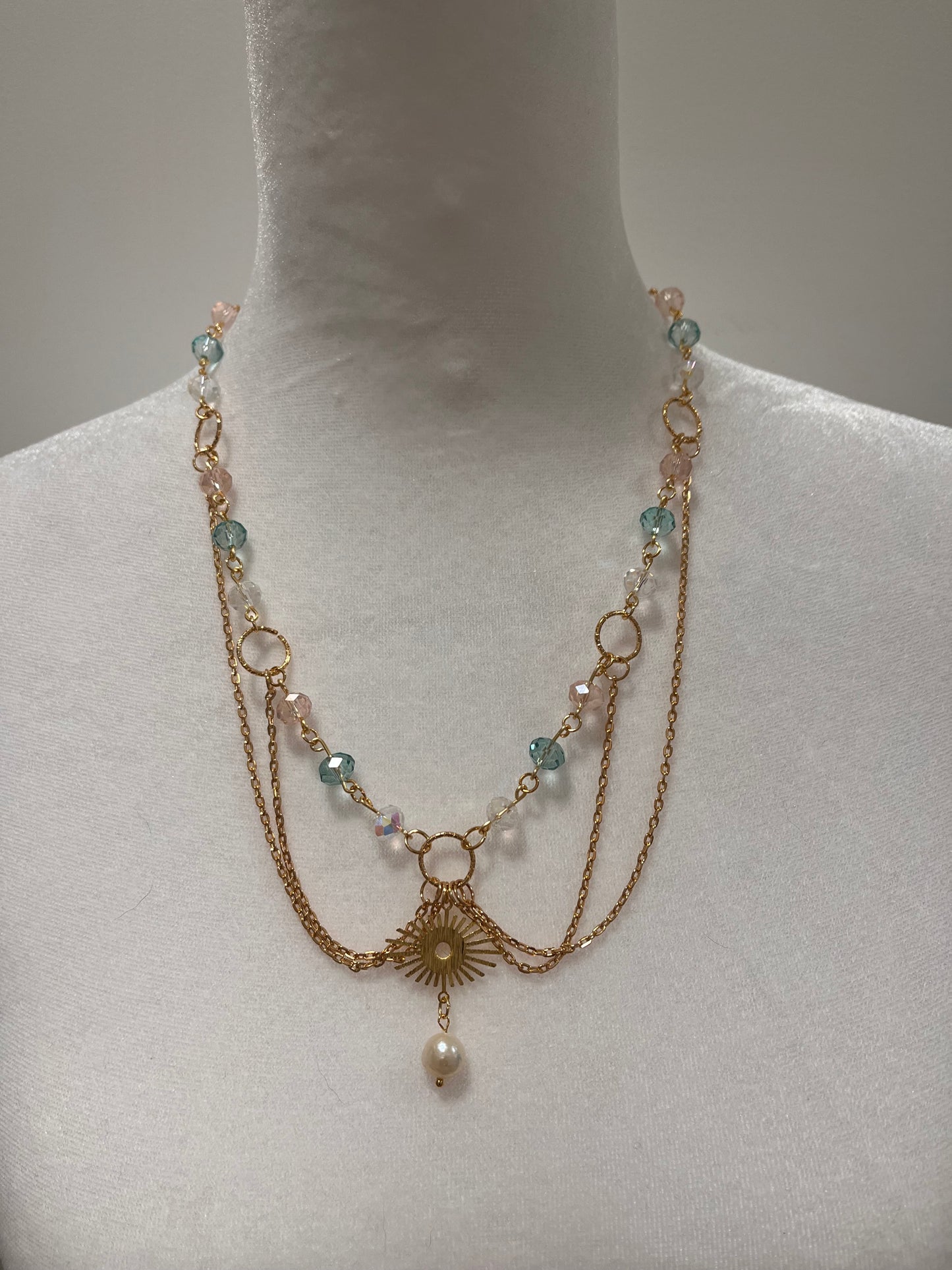 Sun or Moon Fairycore Layered Pink Blue and White Sparkling Beads and White Cultured Pearl Necklace