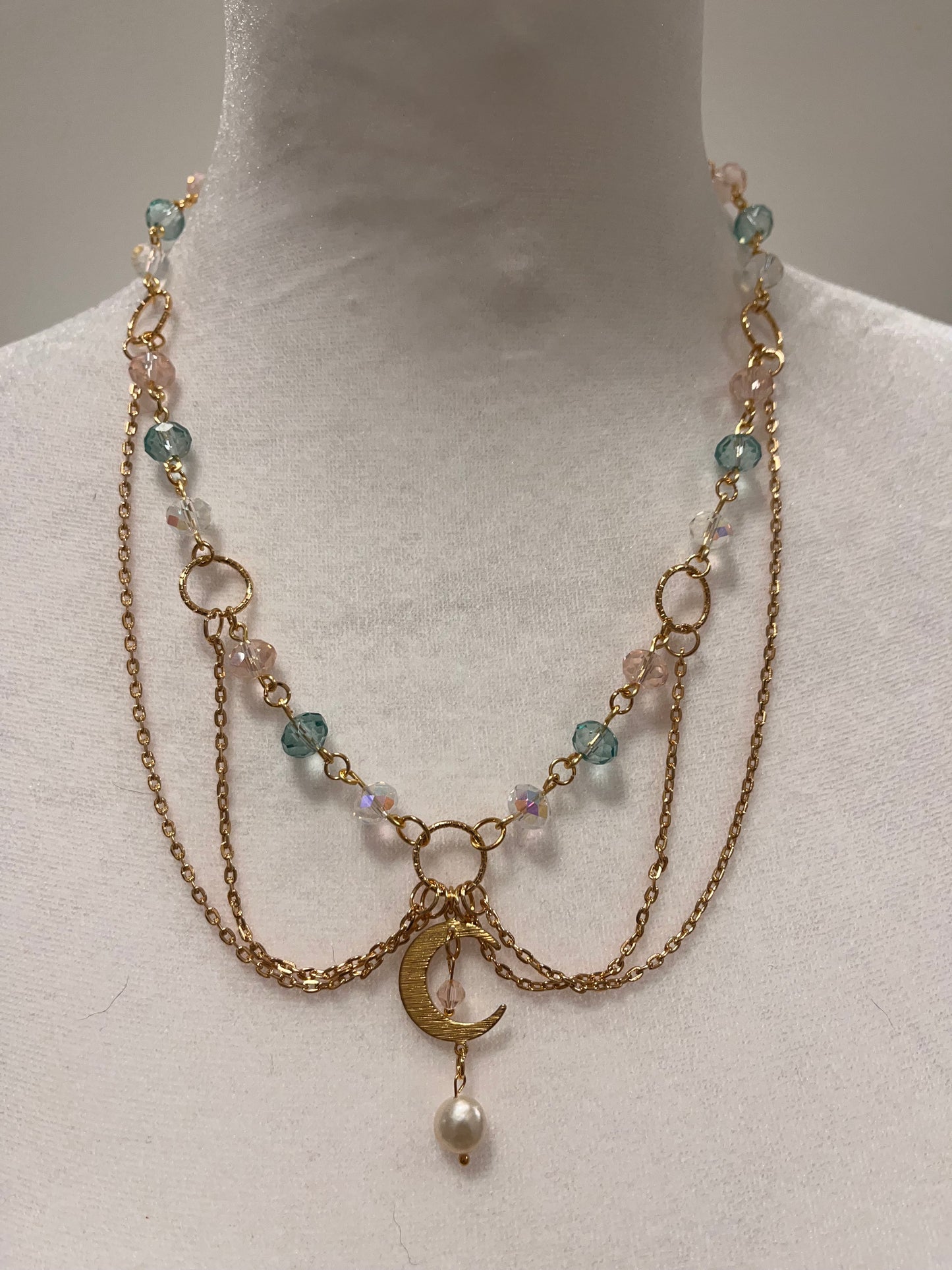 Sun or Moon Fairycore Layered Pink Blue and White Sparkling Beads and White Cultured Pearl Necklace