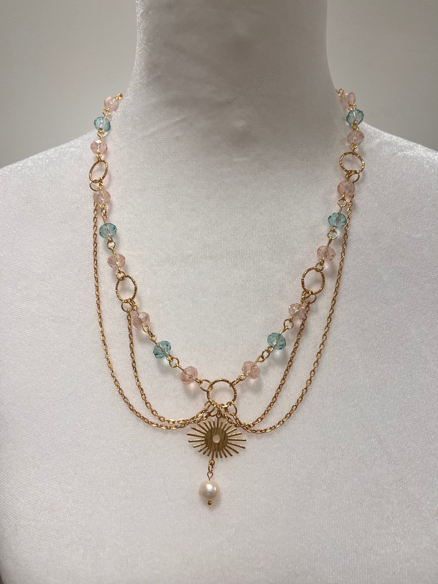 Sun or Moon Fairycore Layered Pink and Blue Sparkling Beads and White Cultured Pearl Necklace