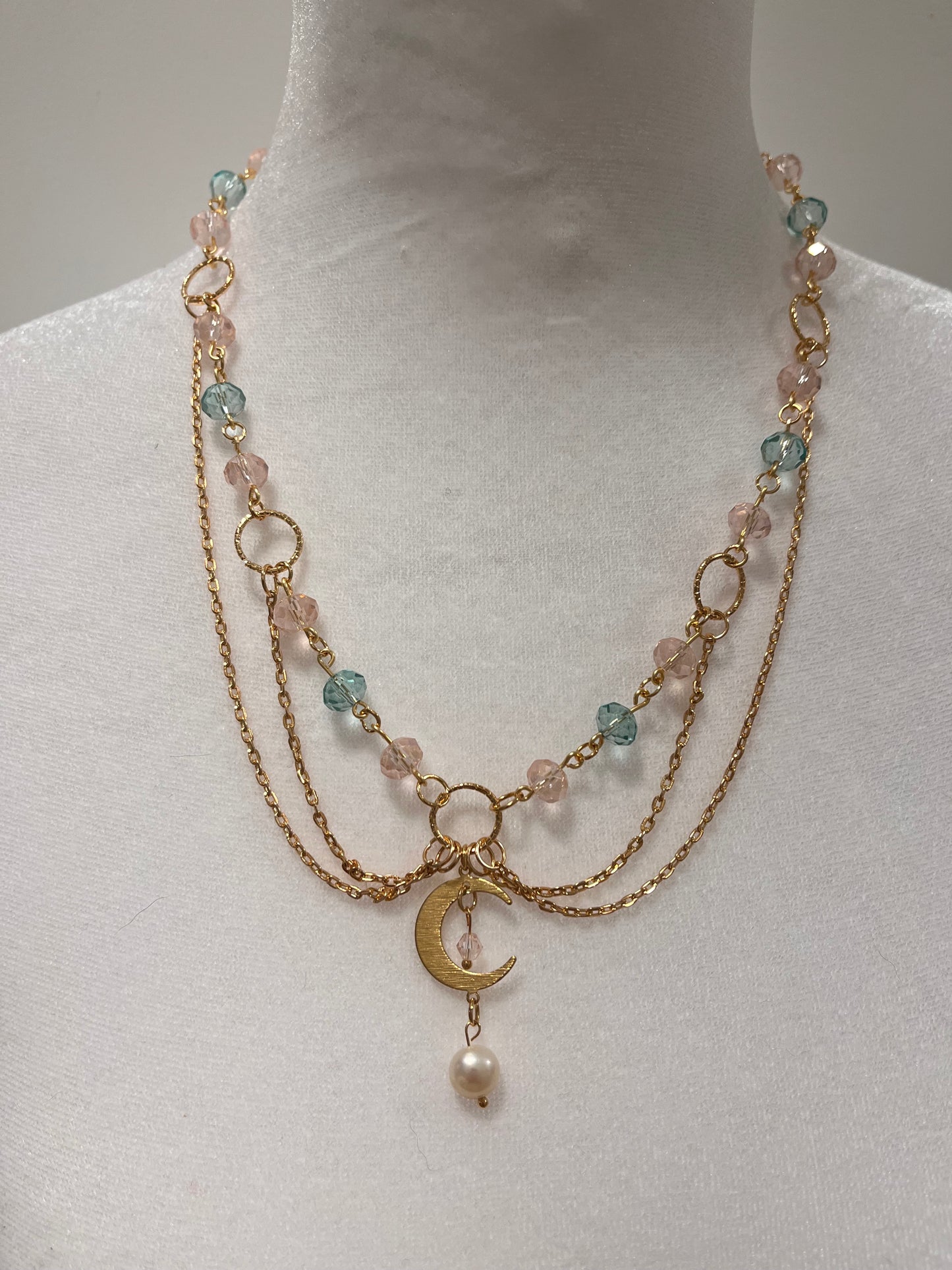 Sun or Moon Fairycore Layered Pink and Blue Sparkling Beads and White Cultured Pearl Necklace