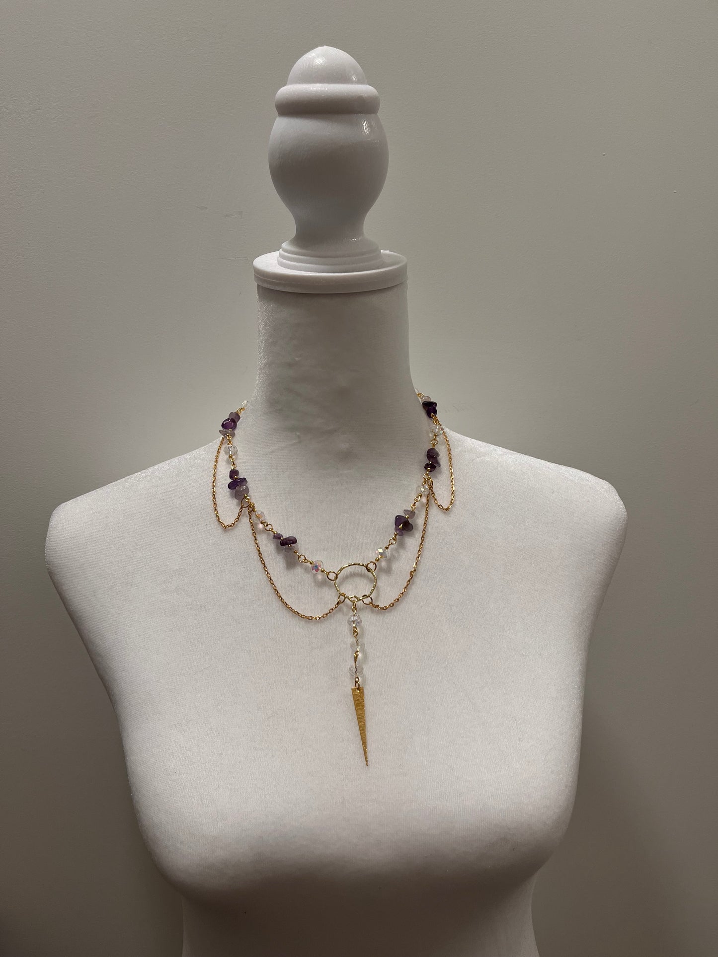 Diagonal or Leaf Fairycore Amethyst Gem Stones and White Sparkling Beads Layered Necklace