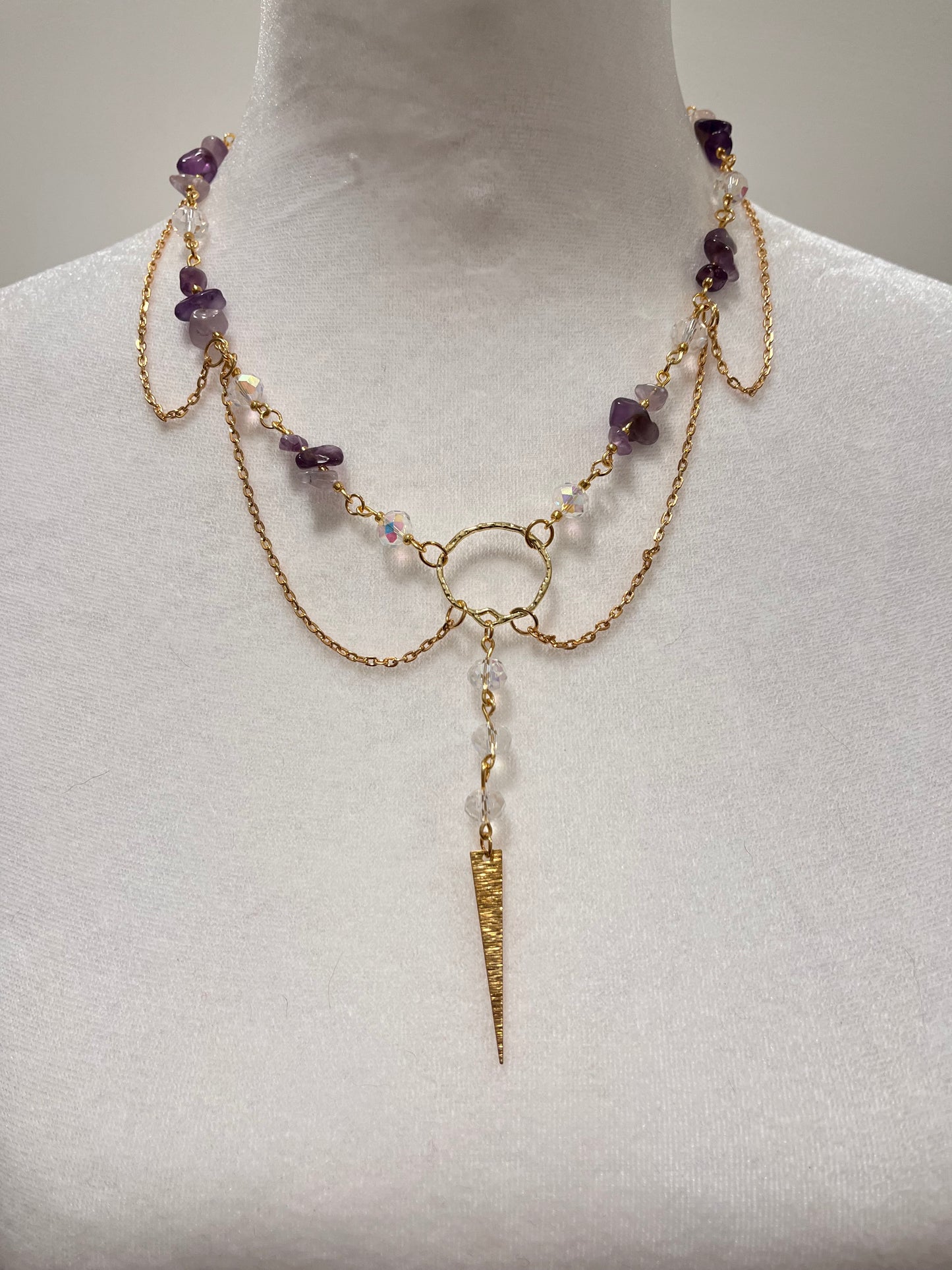 Diagonal or Leaf Fairycore Amethyst Gem Stones and White Sparkling Beads Layered Necklace