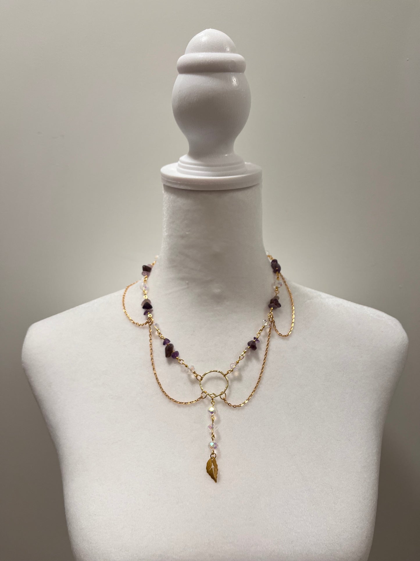Diagonal or Leaf Fairycore Amethyst Gem Stones and White Sparkling Beads Layered Necklace