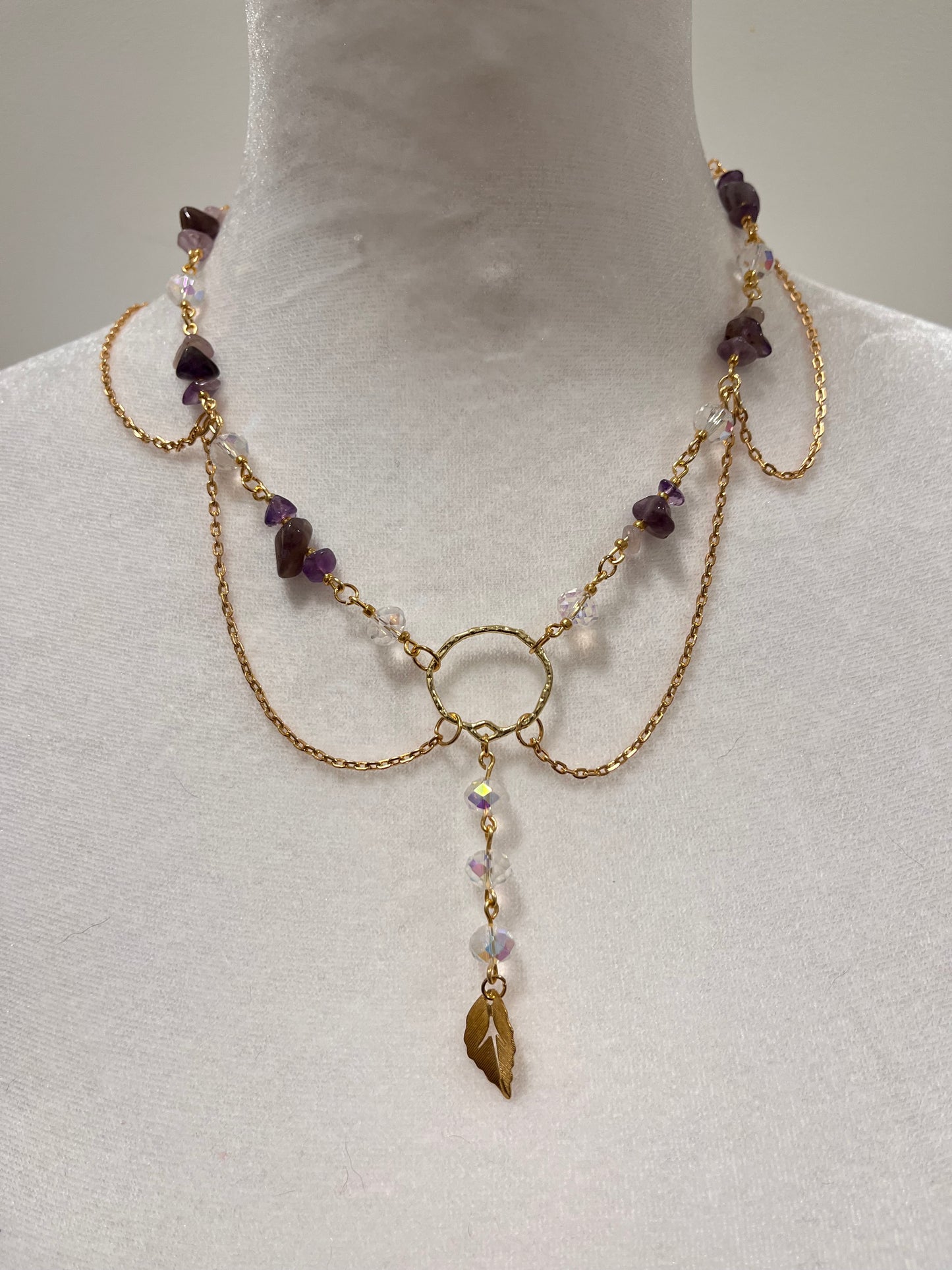 Diagonal or Leaf Fairycore Amethyst Gem Stones and White Sparkling Beads Layered Necklace