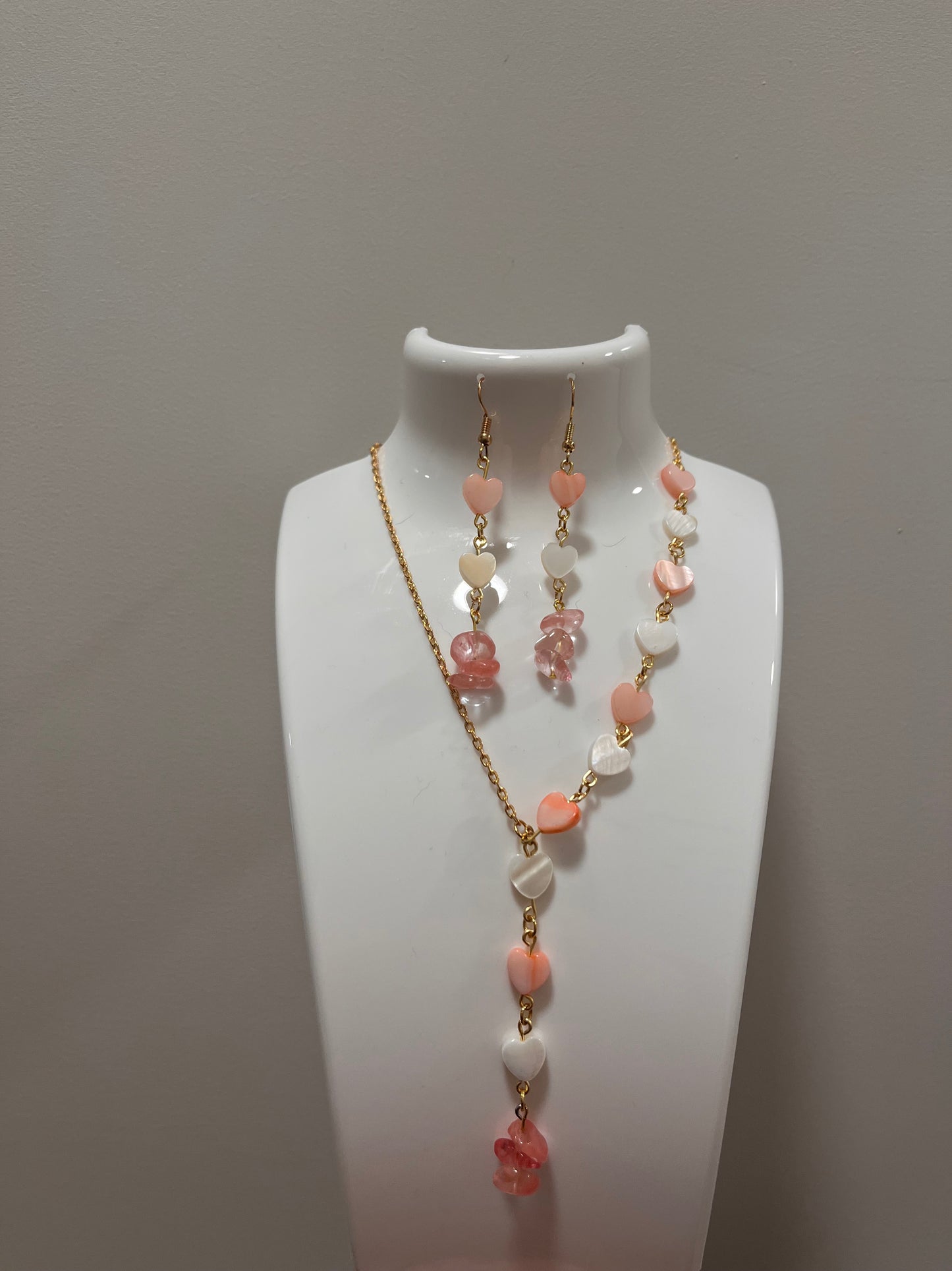 In Love: Watermelon Quartz and Heart-Shaped Pink and White Shell Beaded Necklace