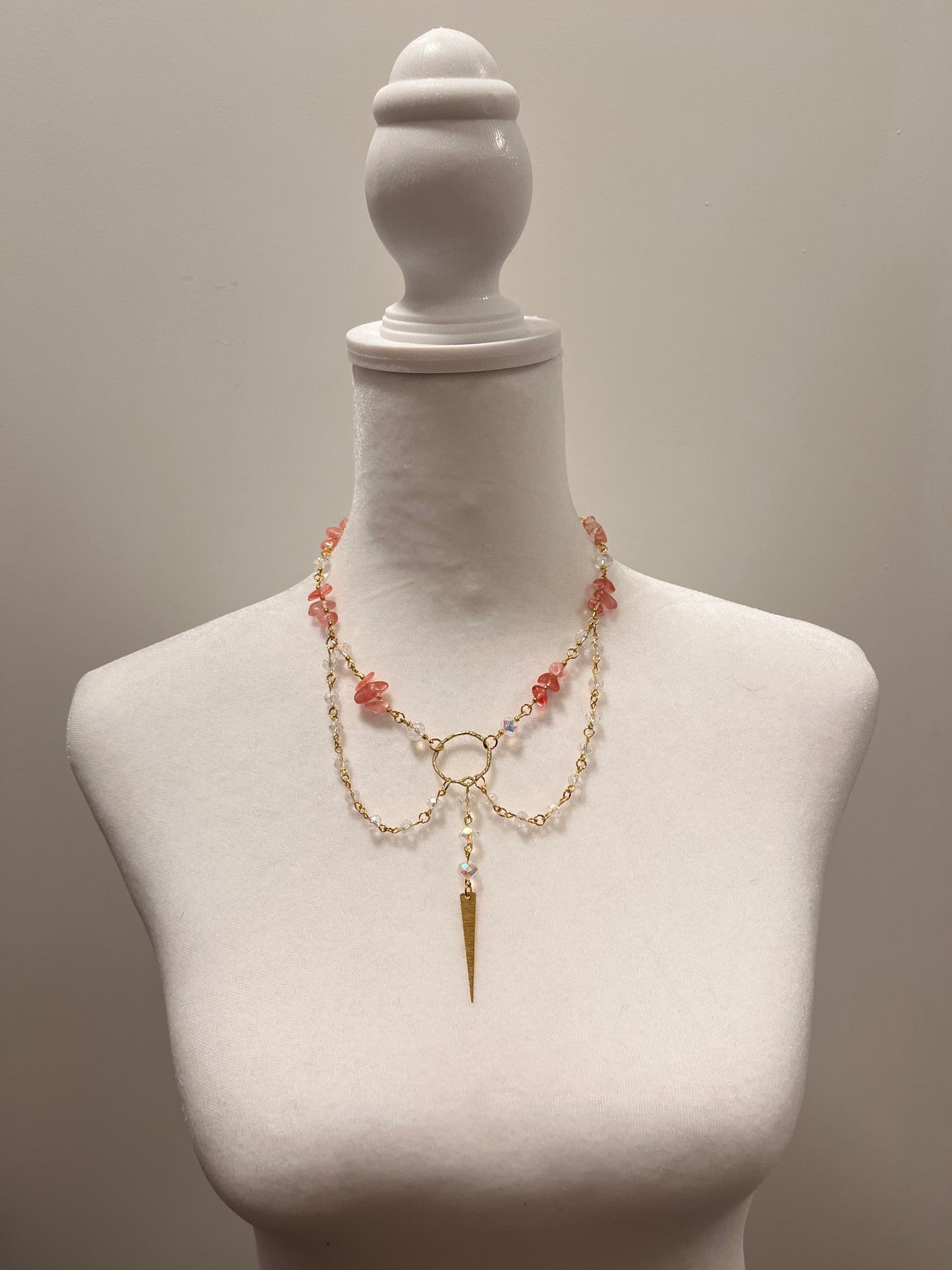 Diagonal or Leaf Fairycore Watermelon Quartz Gem Stones and White Sparkling Beads Layered Necklace