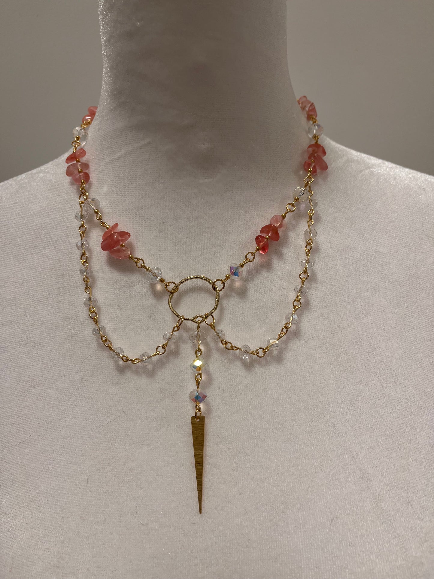 Diagonal or Leaf Fairycore Watermelon Quartz Gem Stones and White Sparkling Beads Layered Necklace