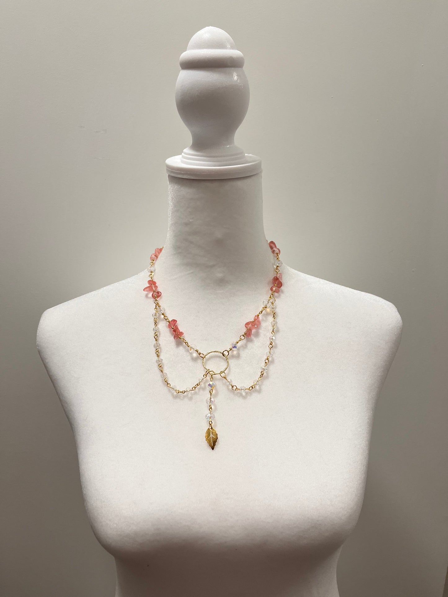 Diagonal or Leaf Fairycore Watermelon Quartz Gem Stones and White Sparkling Beads Layered Necklace