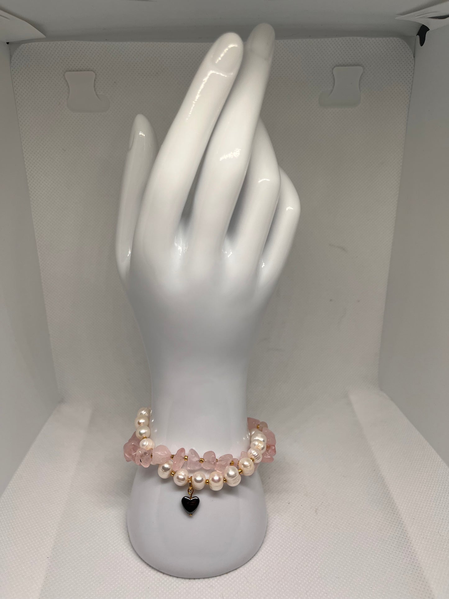 Cultured Pearl, Rose Quartz, and Heart Hematite Sweetheart Bracelet