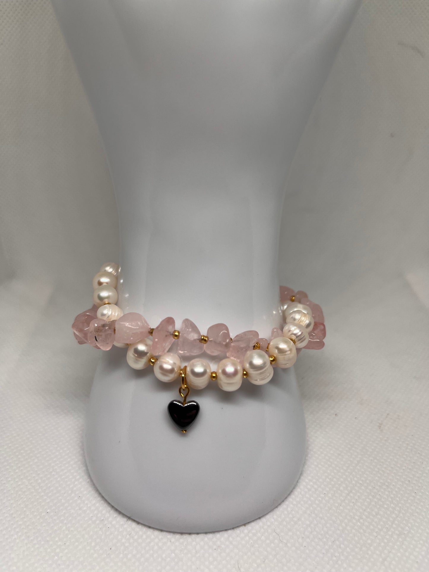 Cultured Pearl, Rose Quartz, and Heart Hematite Sweetheart Bracelet