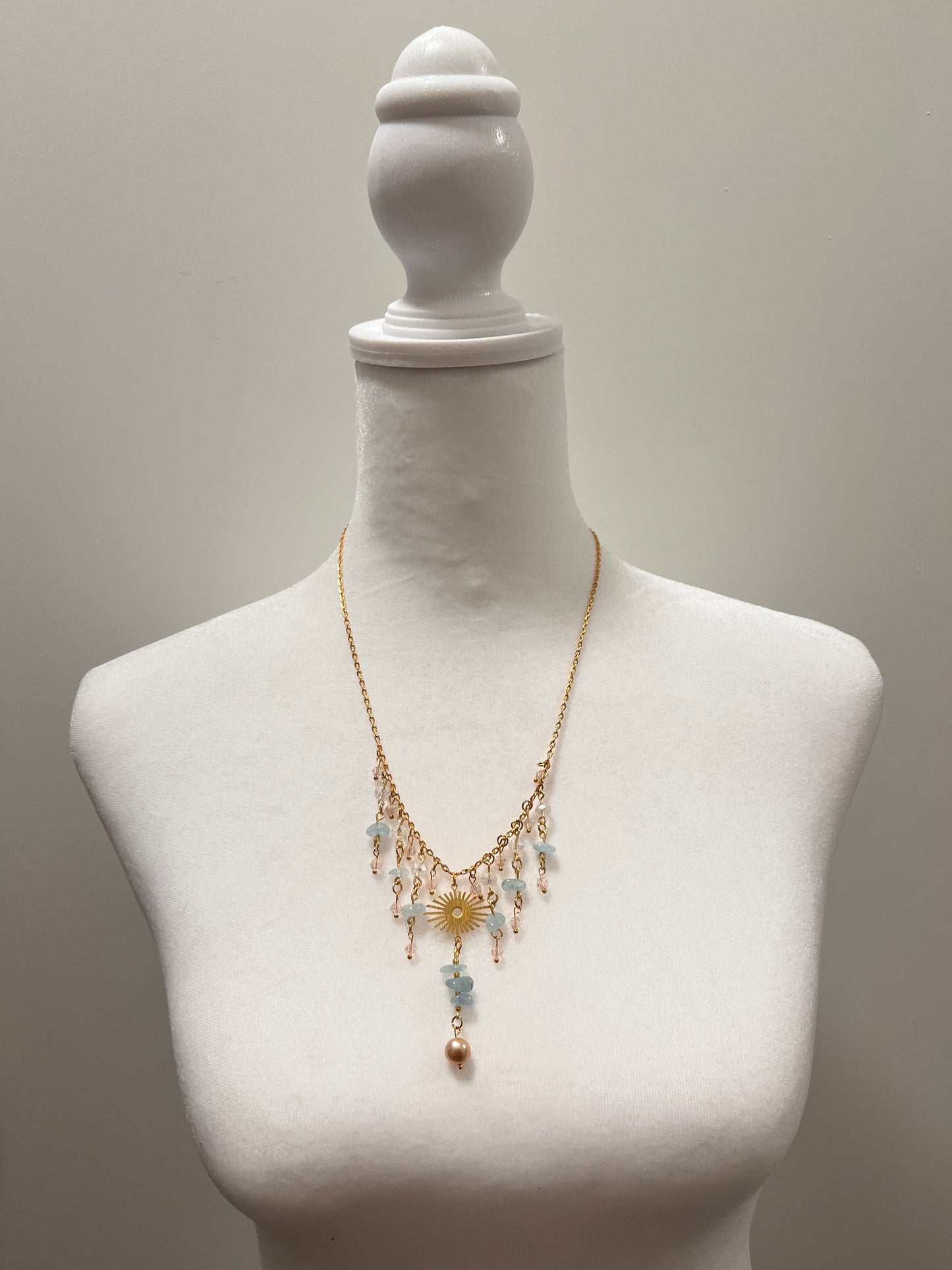 Cultured Pearl, Aquamarine, and Sun Necklace