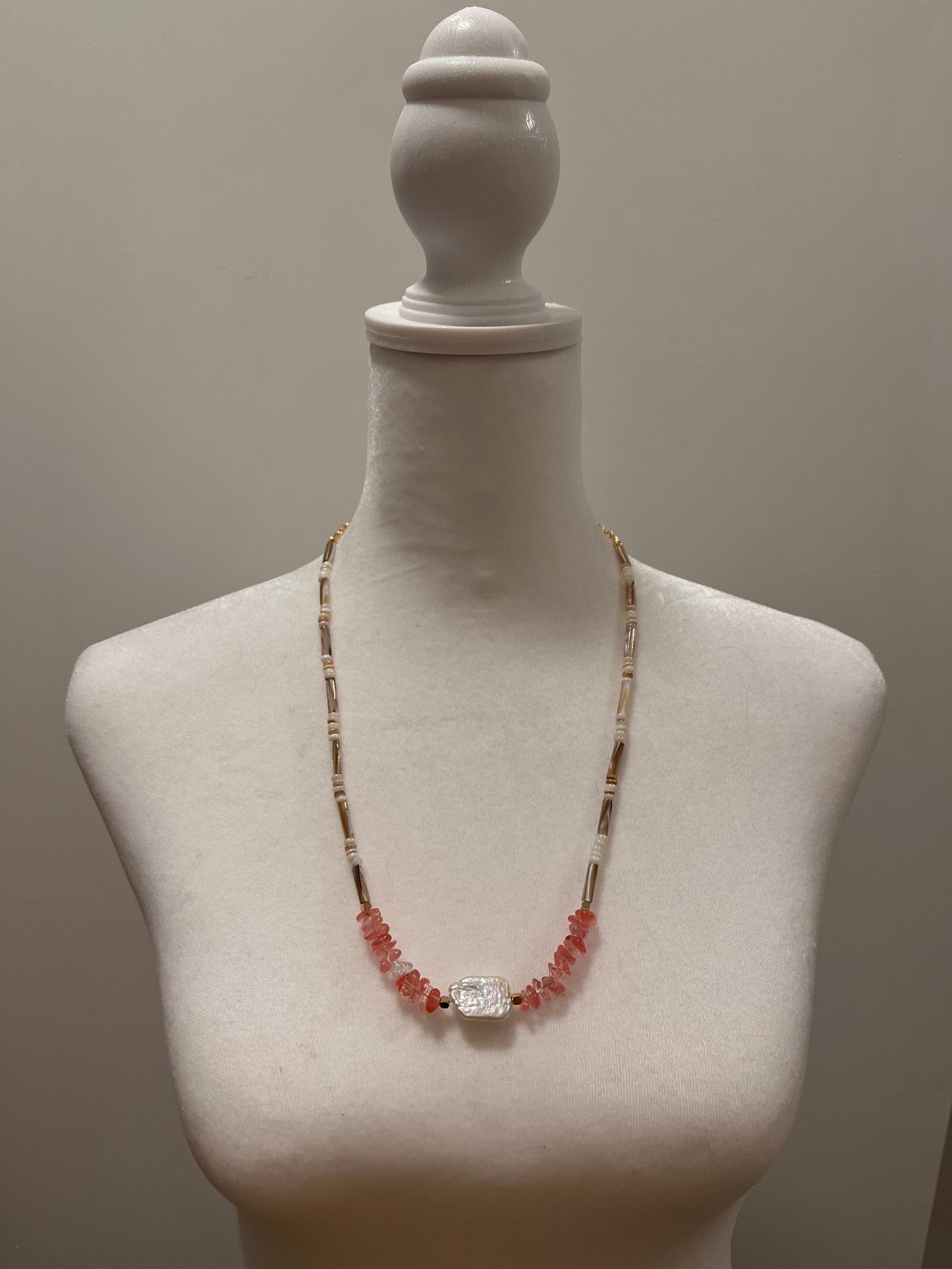 Watermelon Quartz and Shell Bead Necklace with Baroque Pearl
