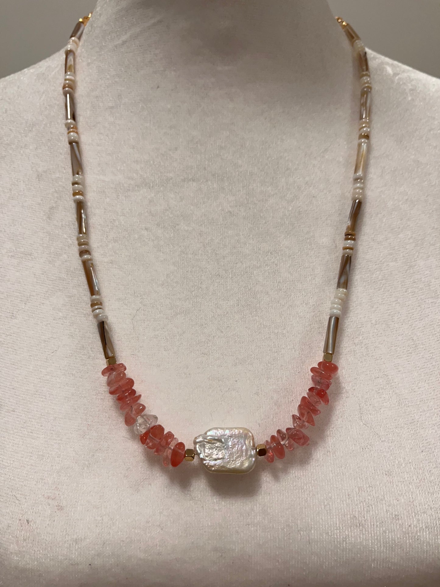 Watermelon Quartz and Shell Bead Necklace with Baroque Pearl