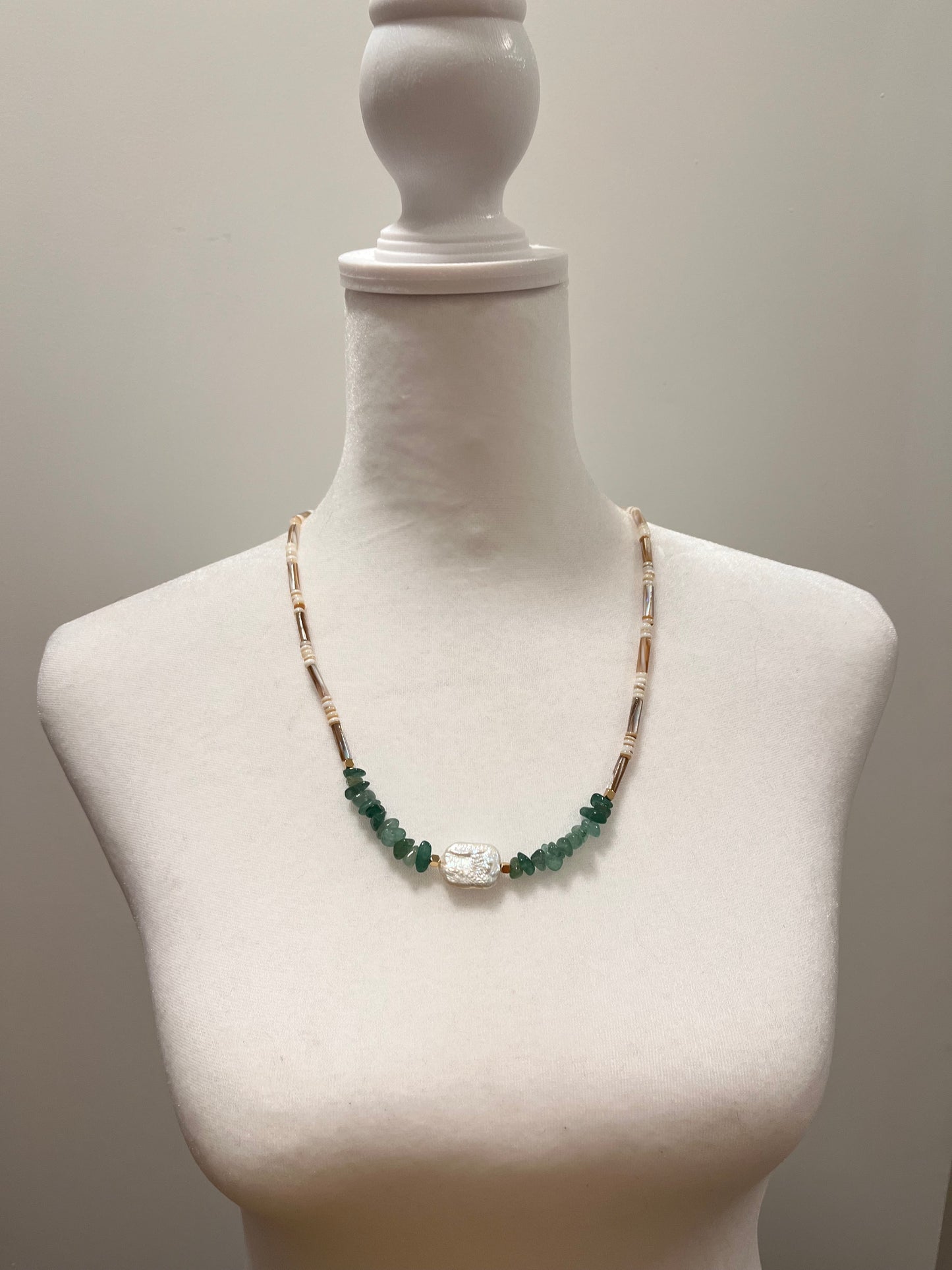 Aventurine and Shell Bead Necklace with Baroque Pearl