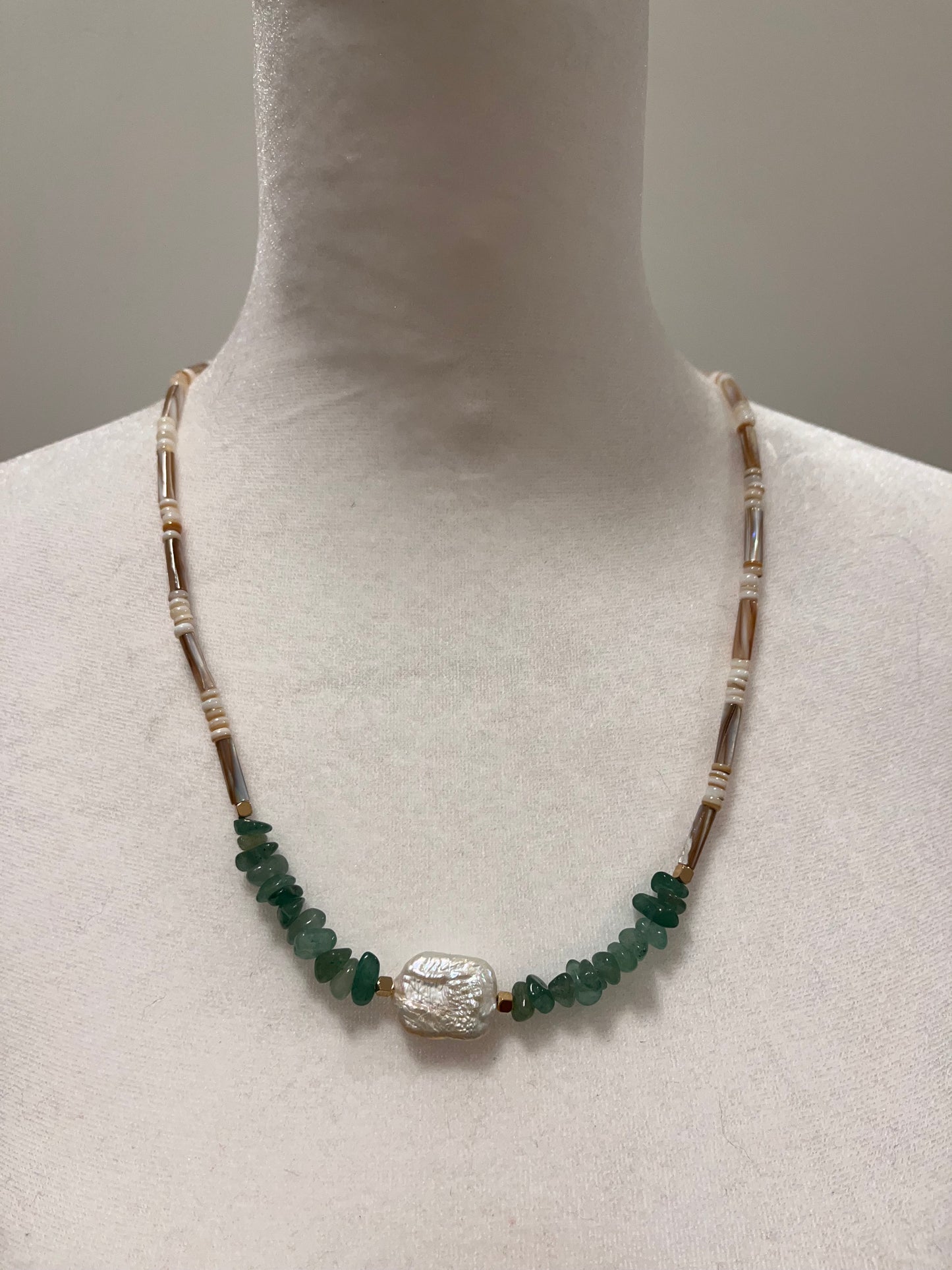 Aventurine and Shell Bead Necklace with Baroque Pearl