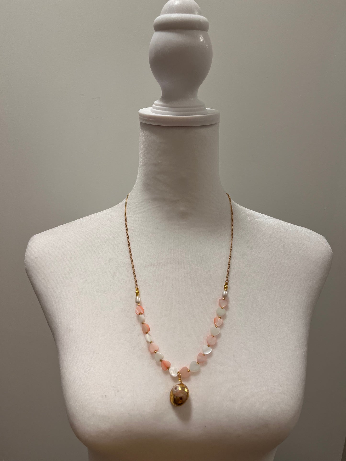 In Love: Heart Shell Beads and Gold Foil Broken Spiral Shell Necklace