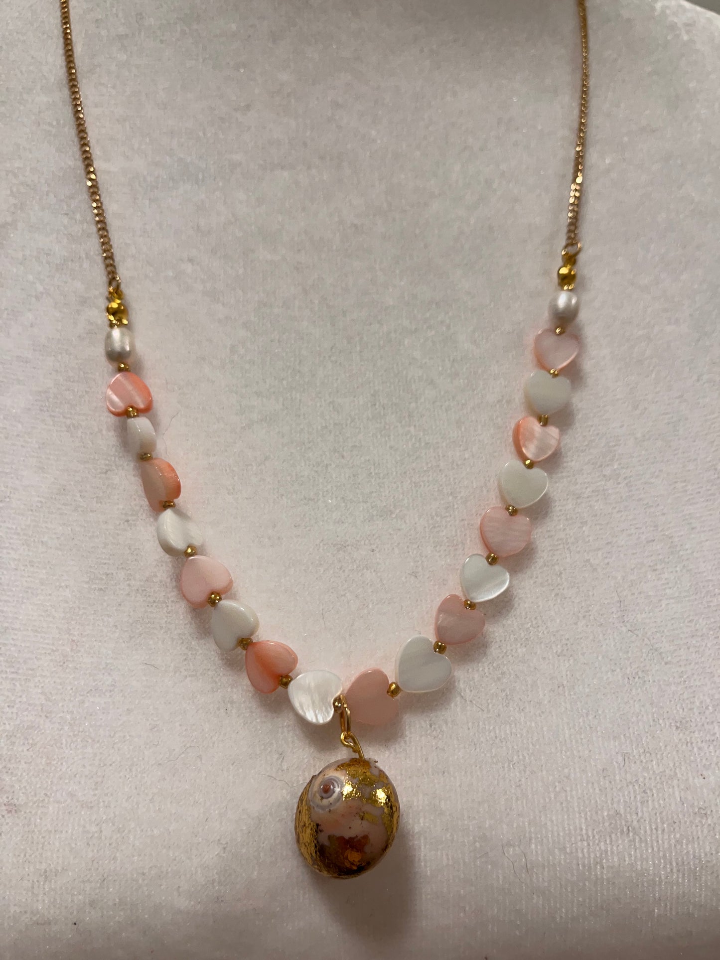 In Love: Heart Shell Beads and Gold Foil Broken Spiral Shell Necklace