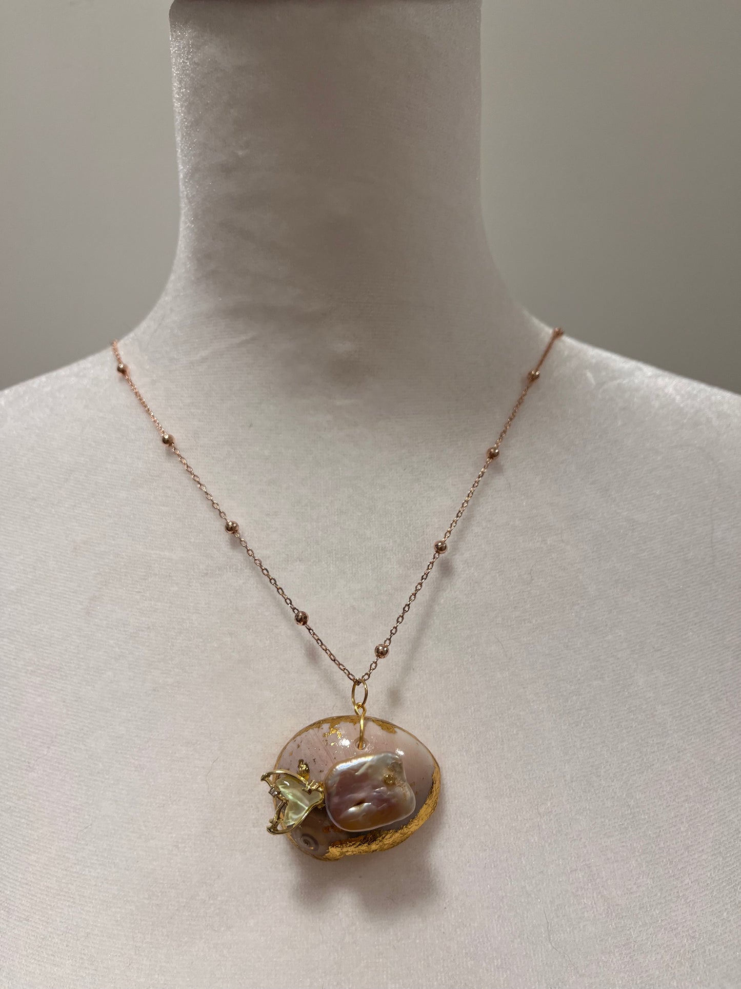 Baroque Fish on Broken Spiral Gold Foil Shell Necklace