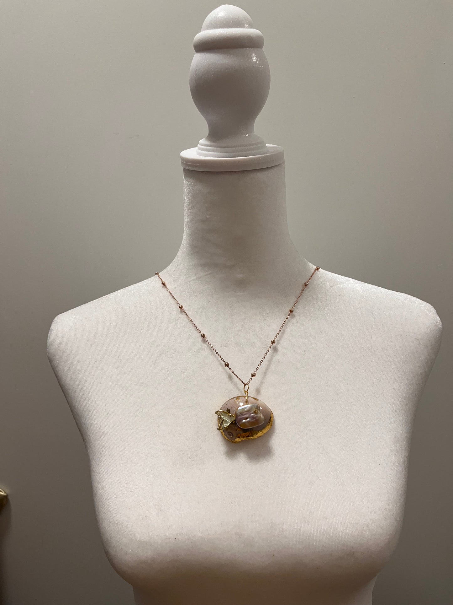 Baroque Fish on Broken Spiral Gold Foil Shell Necklace