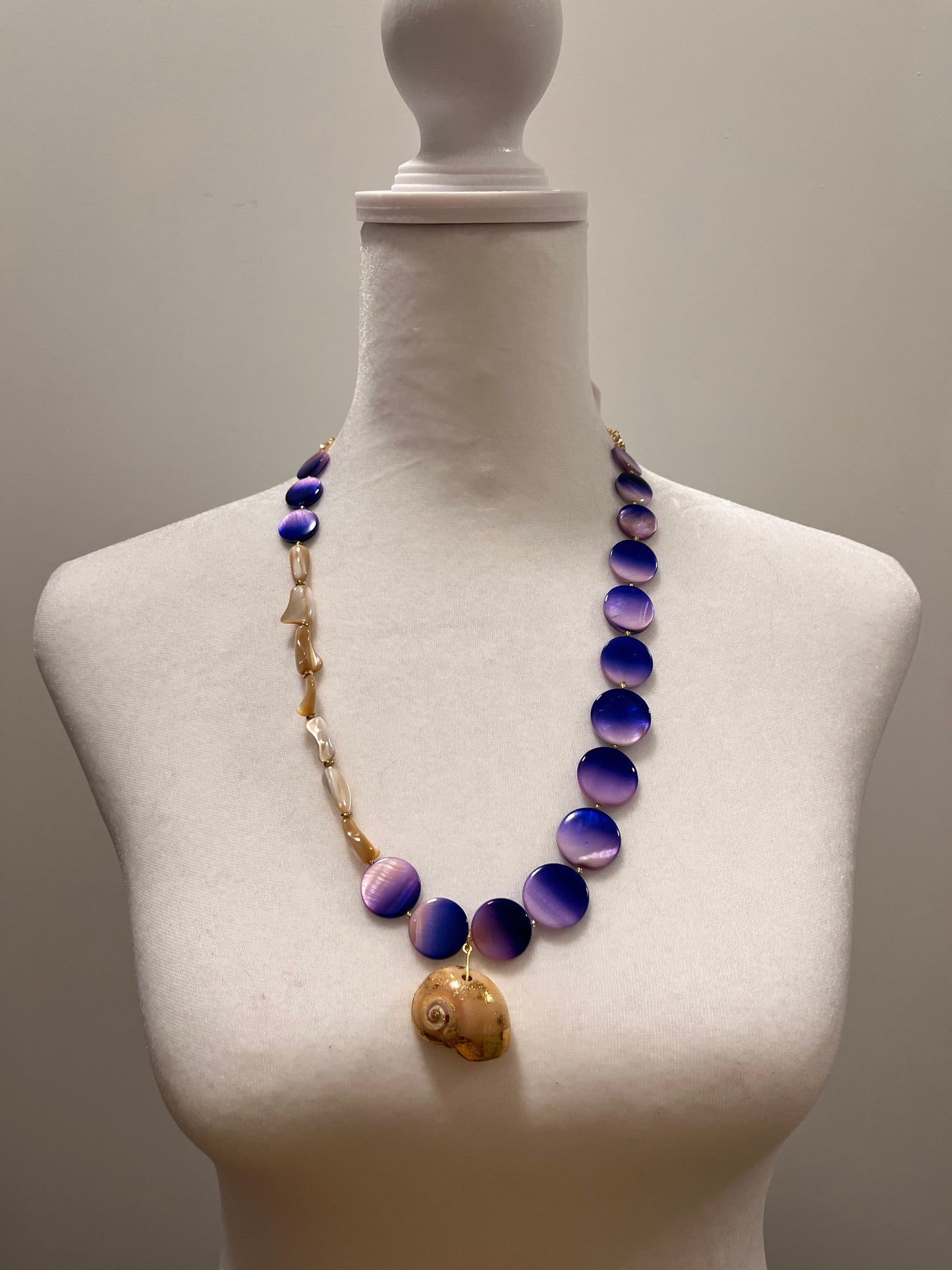 Spiral Shell w/ Gold Foil and Purple Shell Beads Necklace