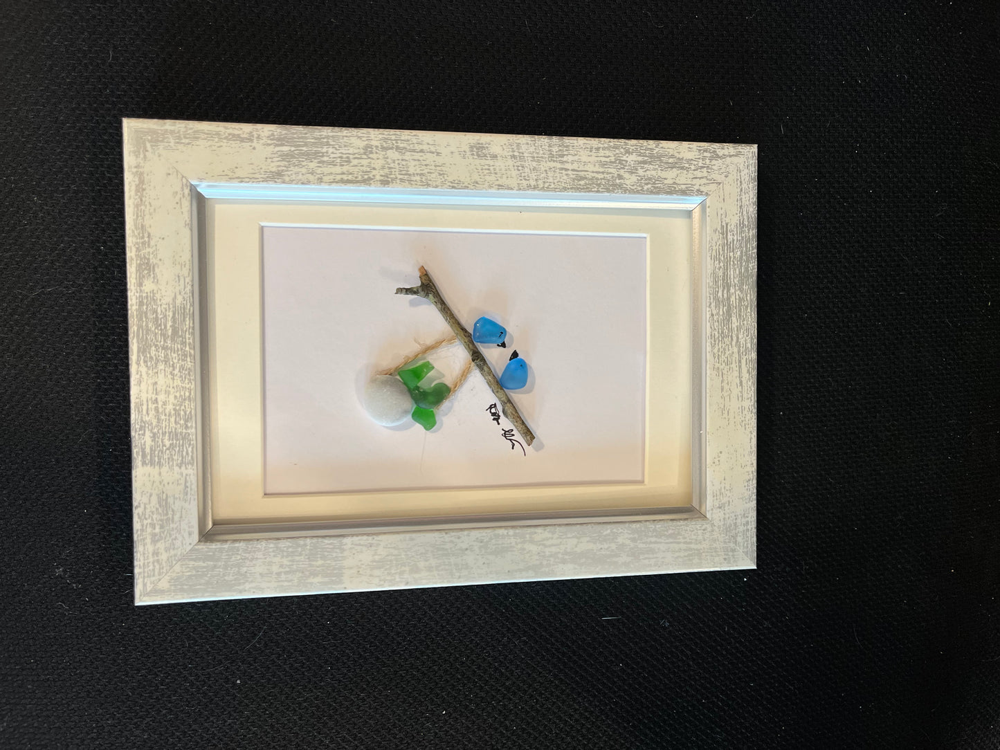 Blue Birds Hanging Out Sea Glass Art (4x6 frame)