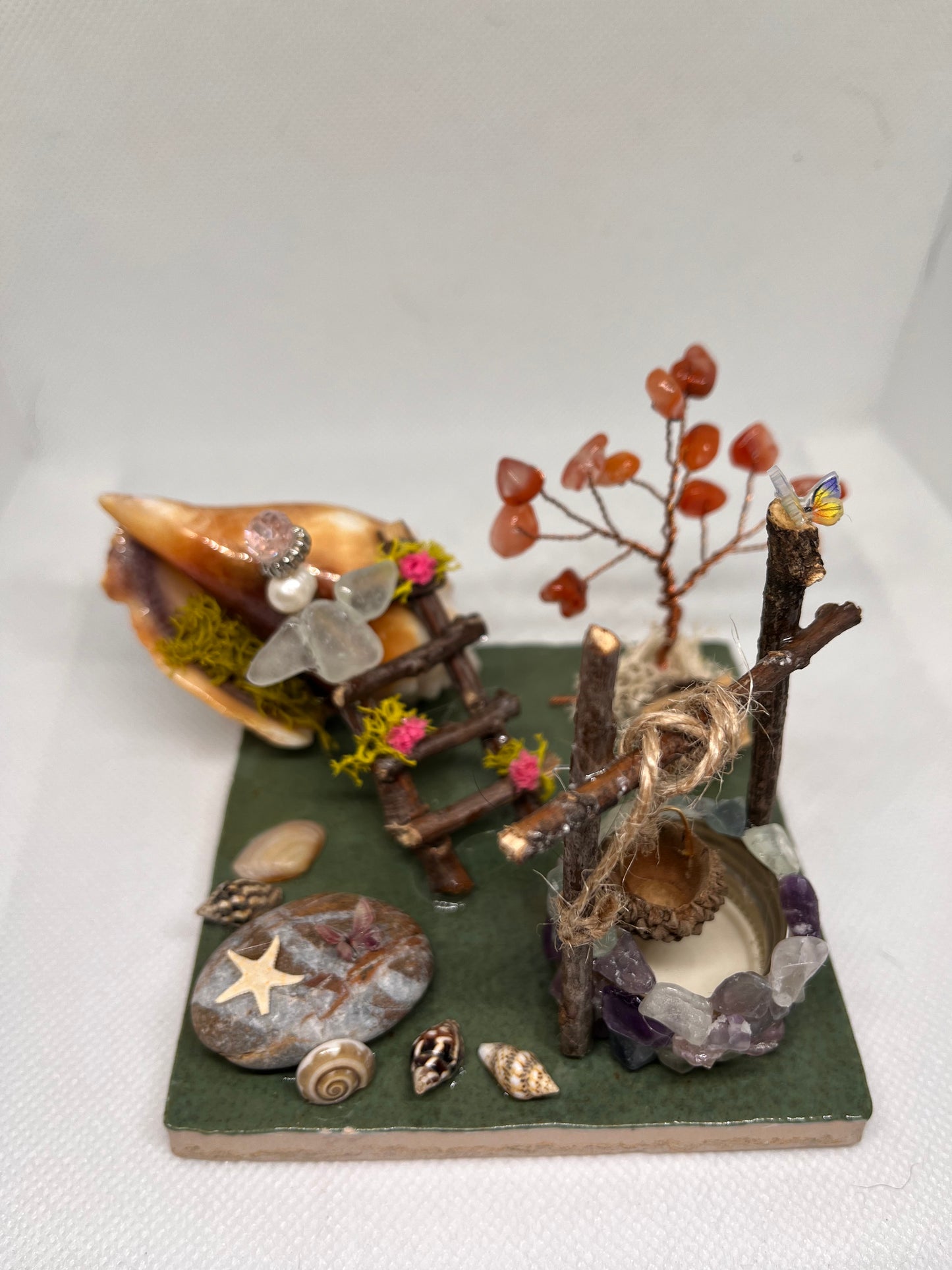 The Wishing Well and Floral Ladder on Tile: White Sea Glass Fairy Cottage Conch Shell w/ Fluorite Wishing Well and Carnelian Tree