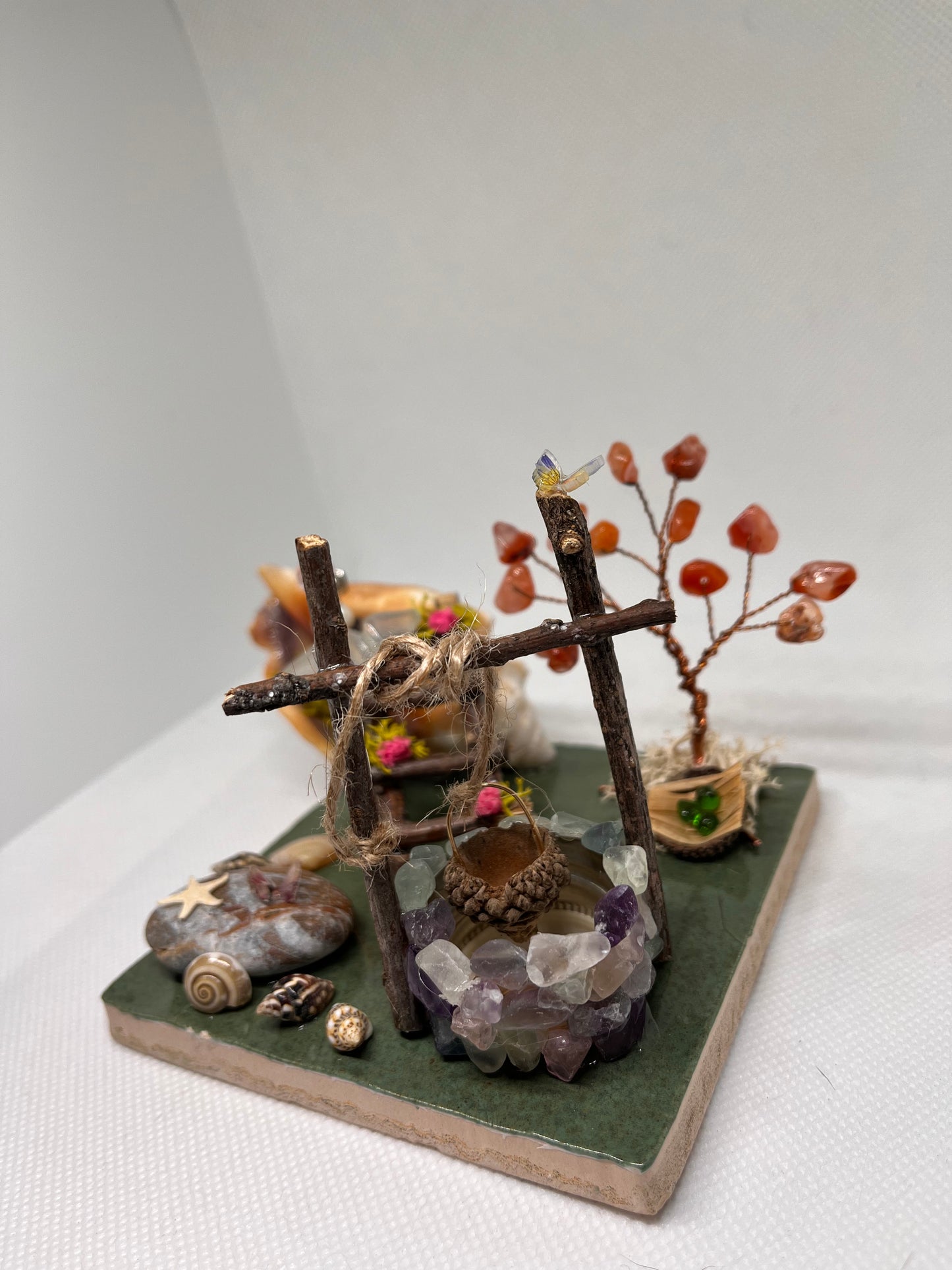 The Wishing Well and Floral Ladder on Tile: White Sea Glass Fairy Cottage Conch Shell w/ Fluorite Wishing Well and Carnelian Tree