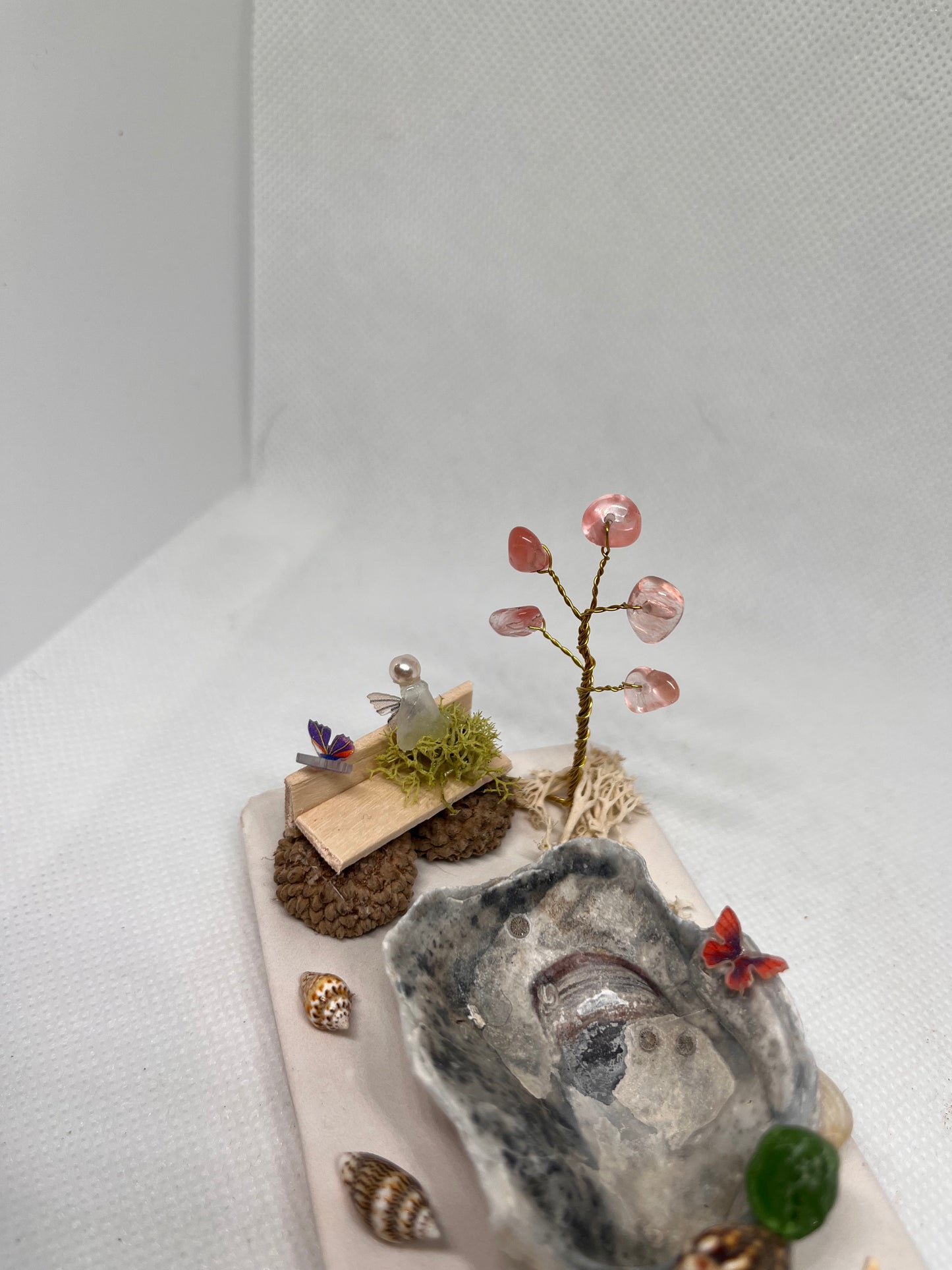 White Sea Glass Fairy Park w/ an Acorn Bench, Wheelbarrow, Fountain, and Watermelon Quartz Tree