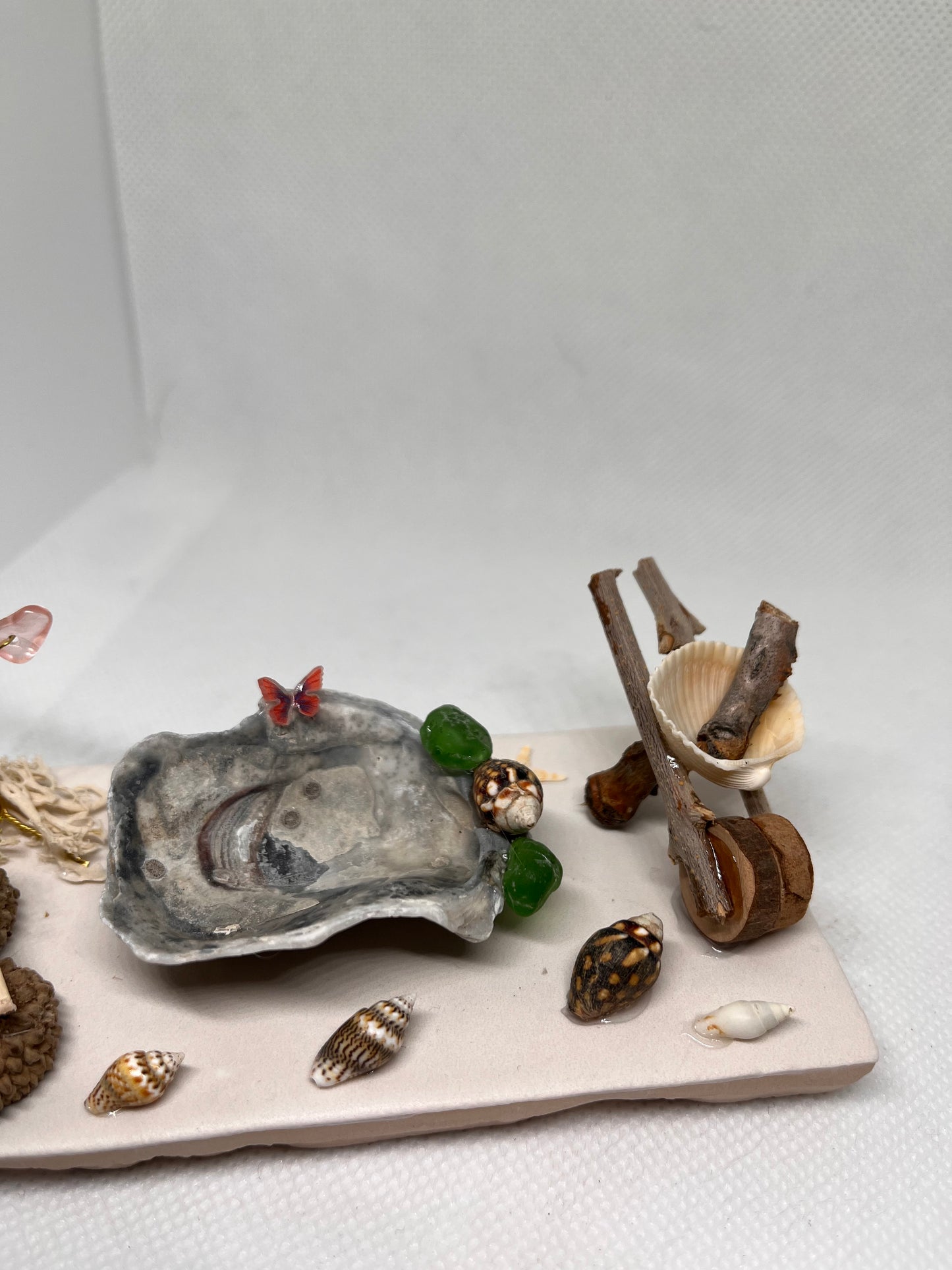 White Sea Glass Fairy Park w/ an Acorn Bench, Wheelbarrow, Fountain, and Watermelon Quartz Tree
