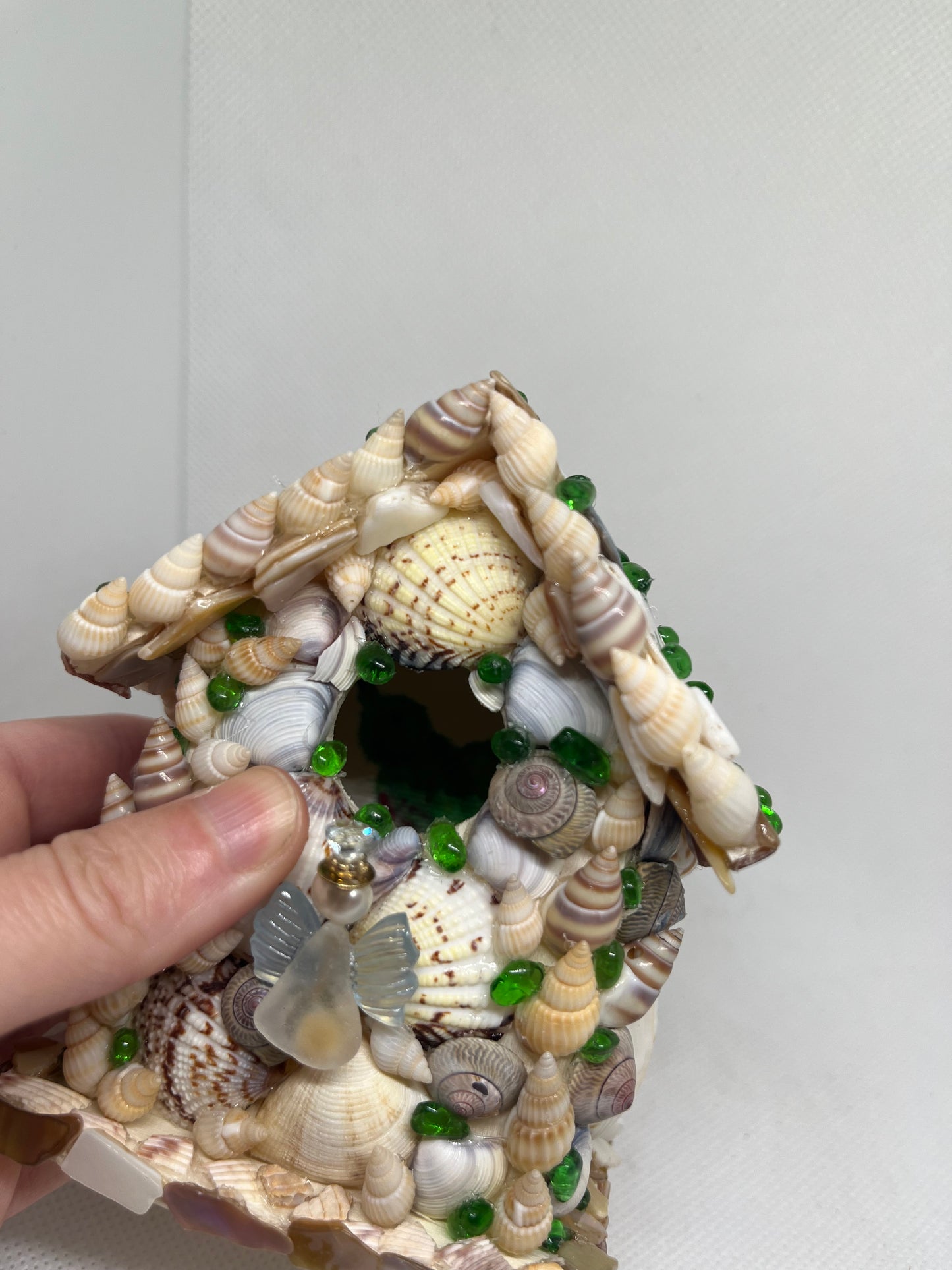 Handcrafted Magical Fairy Cottage – Real Seashell & Sea Glass Miniature House with Aquamarine, Cultured Pearl, & Blue Topaz Fairy Art