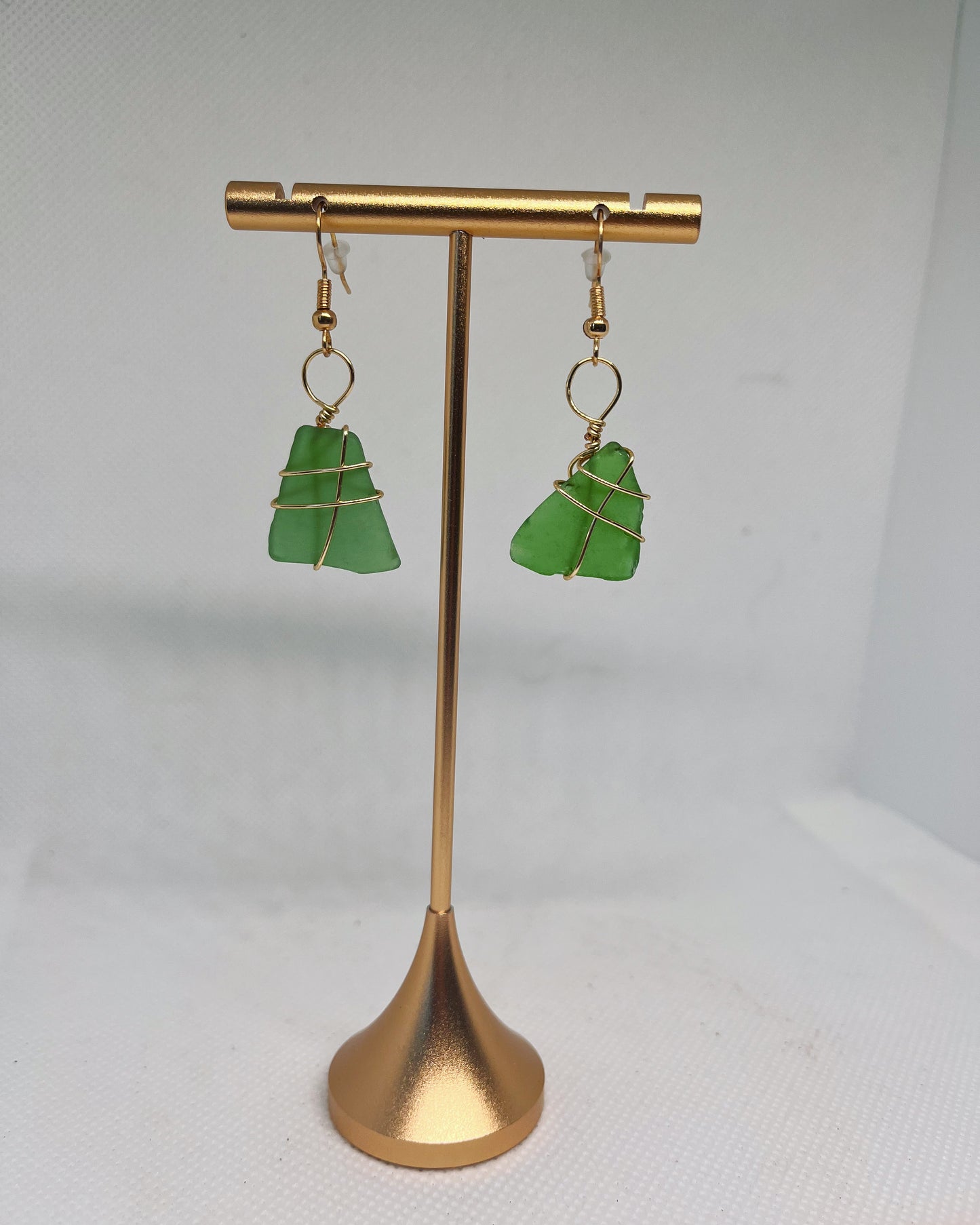 Wire Wrapped Sea Glass Earrings One Pair (Green, Brown, or White)