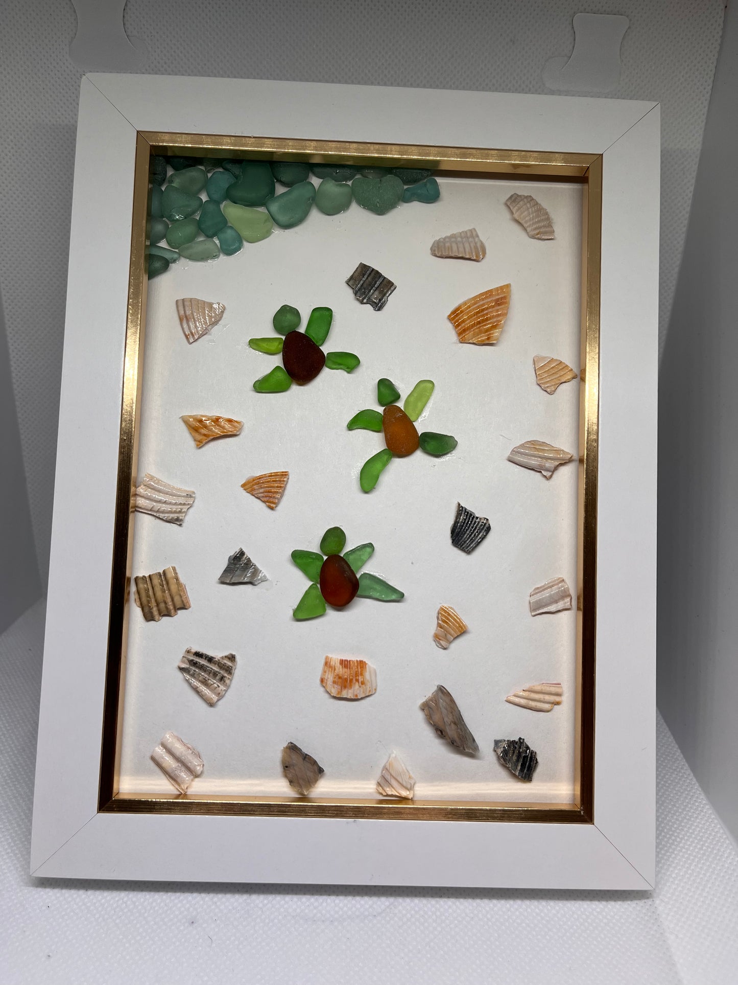 Magic Hatch: Captivating Sea Glass Baby Sea Turtles Heading to the Ocean & Seashell Art (5x7 frame)
