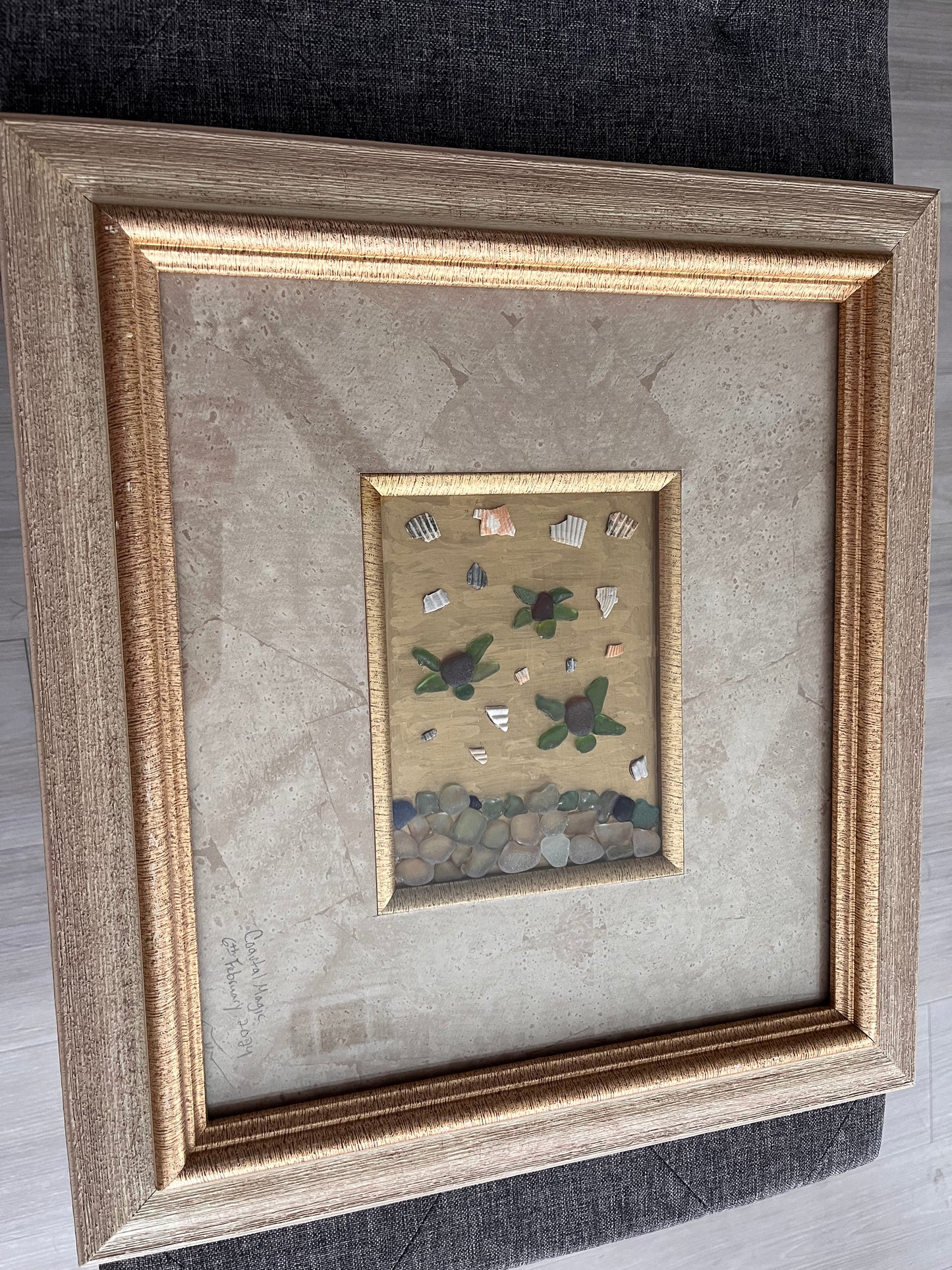 Coastal Magic: Captivating Sea Glass Turtles Seascape & Seashell Art (approx. 12x14 frame)
