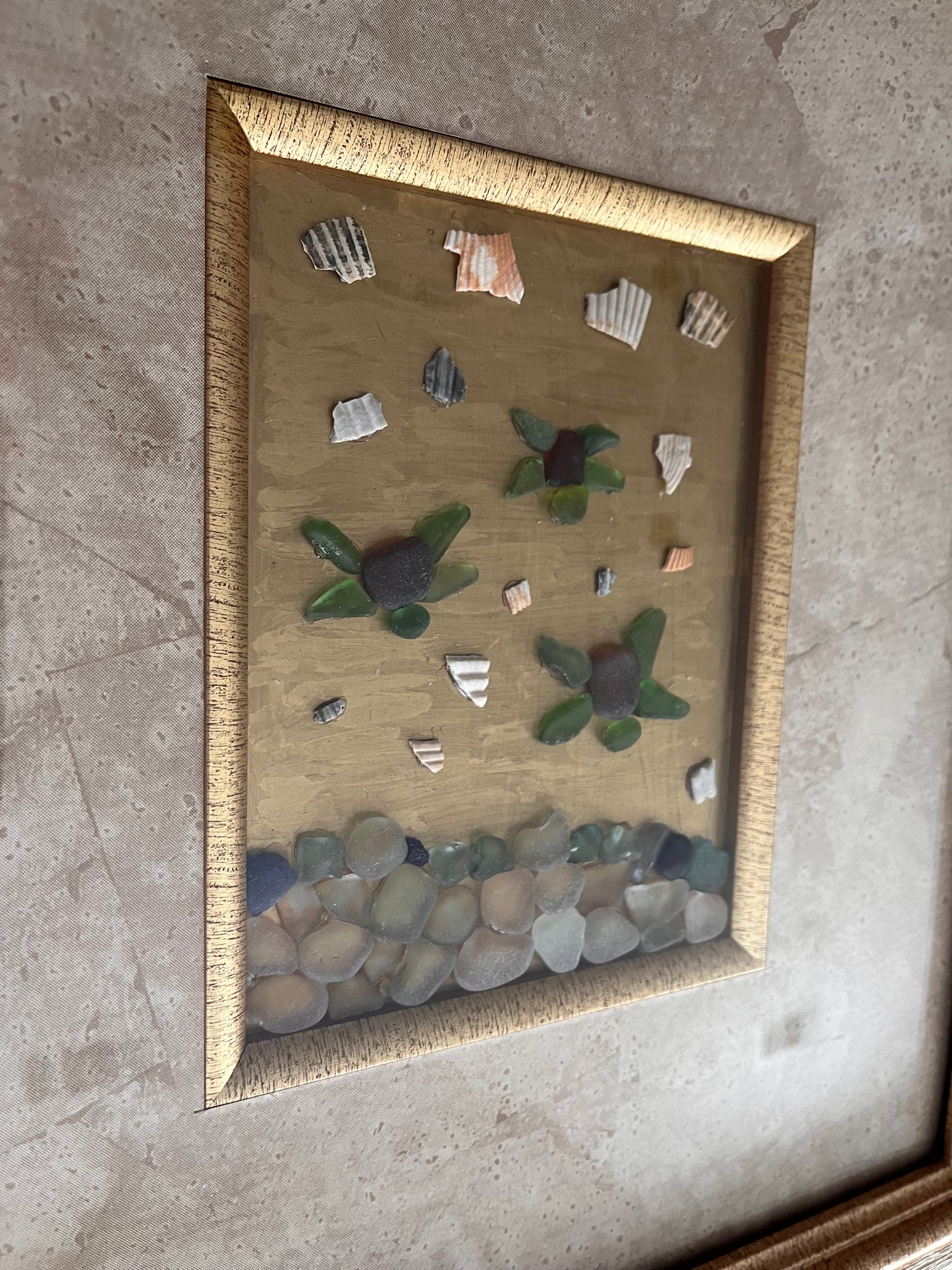 Coastal Magic: Captivating Sea Glass Turtles Seascape & Seashell Art (approx. 12x14 frame)