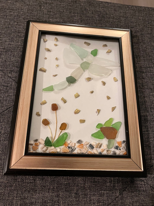 Sparkling Wings: Captivating Sea Glass Dragonfly & Seashell Art (5x7 frame)