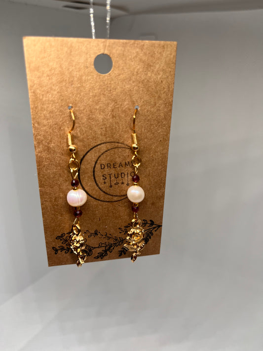 Belle Cultured Pearl Garnet Rose Earrings