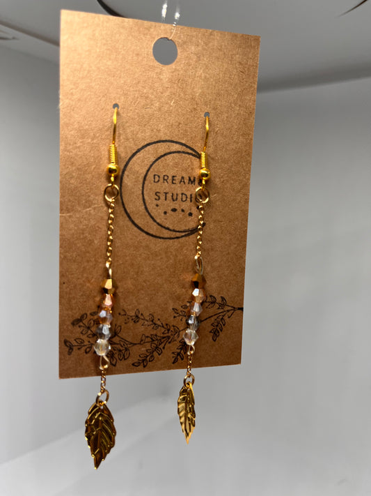 Golden Autumn Leaf Iridescent Beaded Dangle Earrings