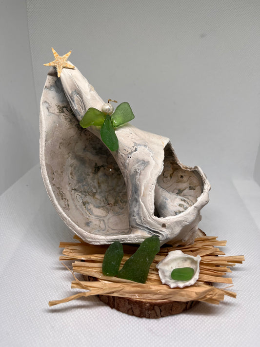 Green Sea Glass Nativity Beautifully Broken Conch Shell Scene w/ Cultured Pearl Sculpture/Artwork